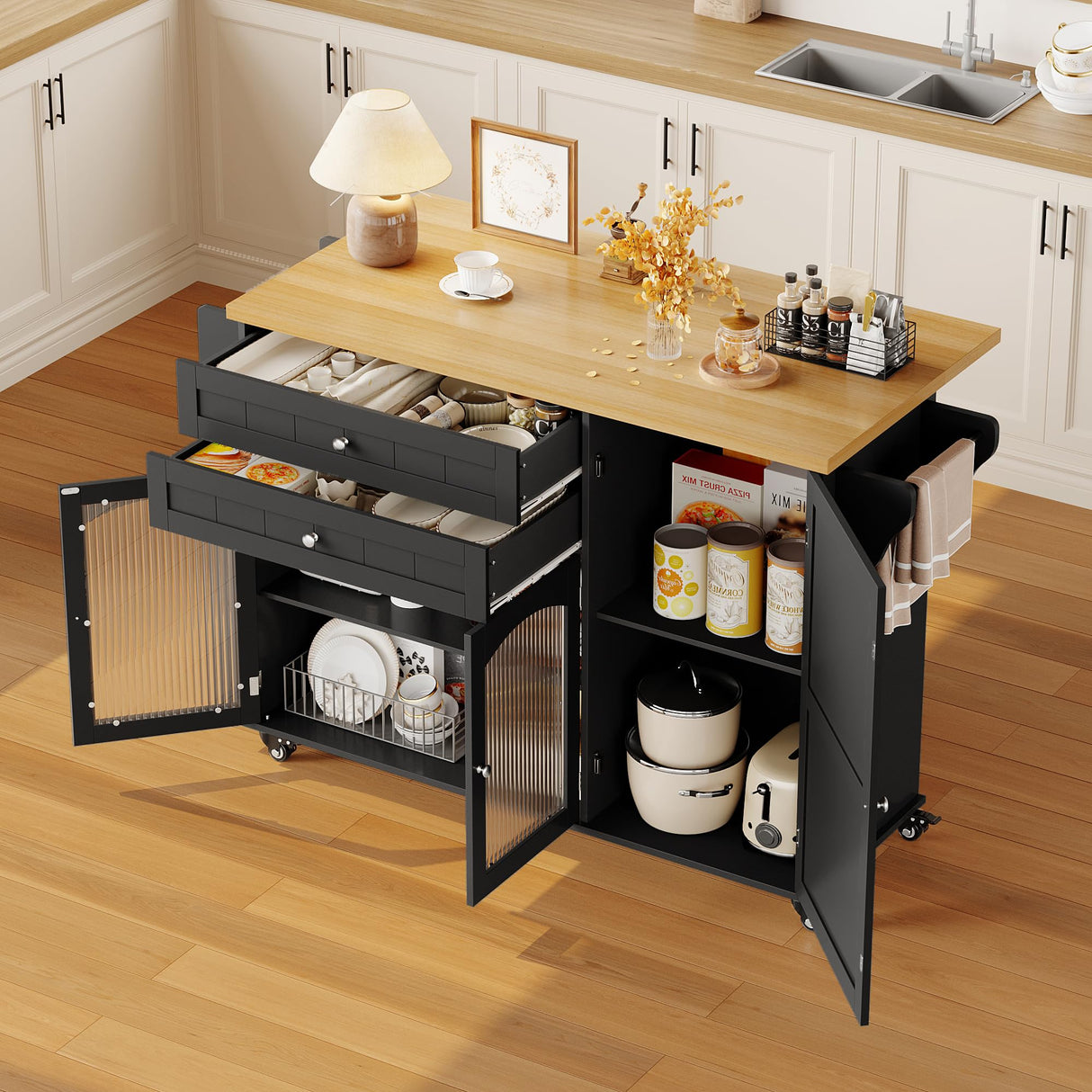 FINETONES Kitchen Island with Storage, Rolling Kitchen Island on Wheels with Wood Drop Leaf Countertop, Island Table Bar Cart with Spice Towel Rack Portable Kitchen Table Kitchen Carts on Wheels FINETONES