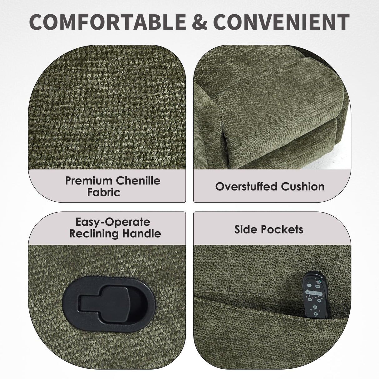 Trustyue Swivel Rocker Recliner Chair, 360° Swivel Recliner with Heat and Massage,Chenille Rocker Recliner Nursery Glider Recliner Chair with Side Pockets for Living Room Green Trustyue