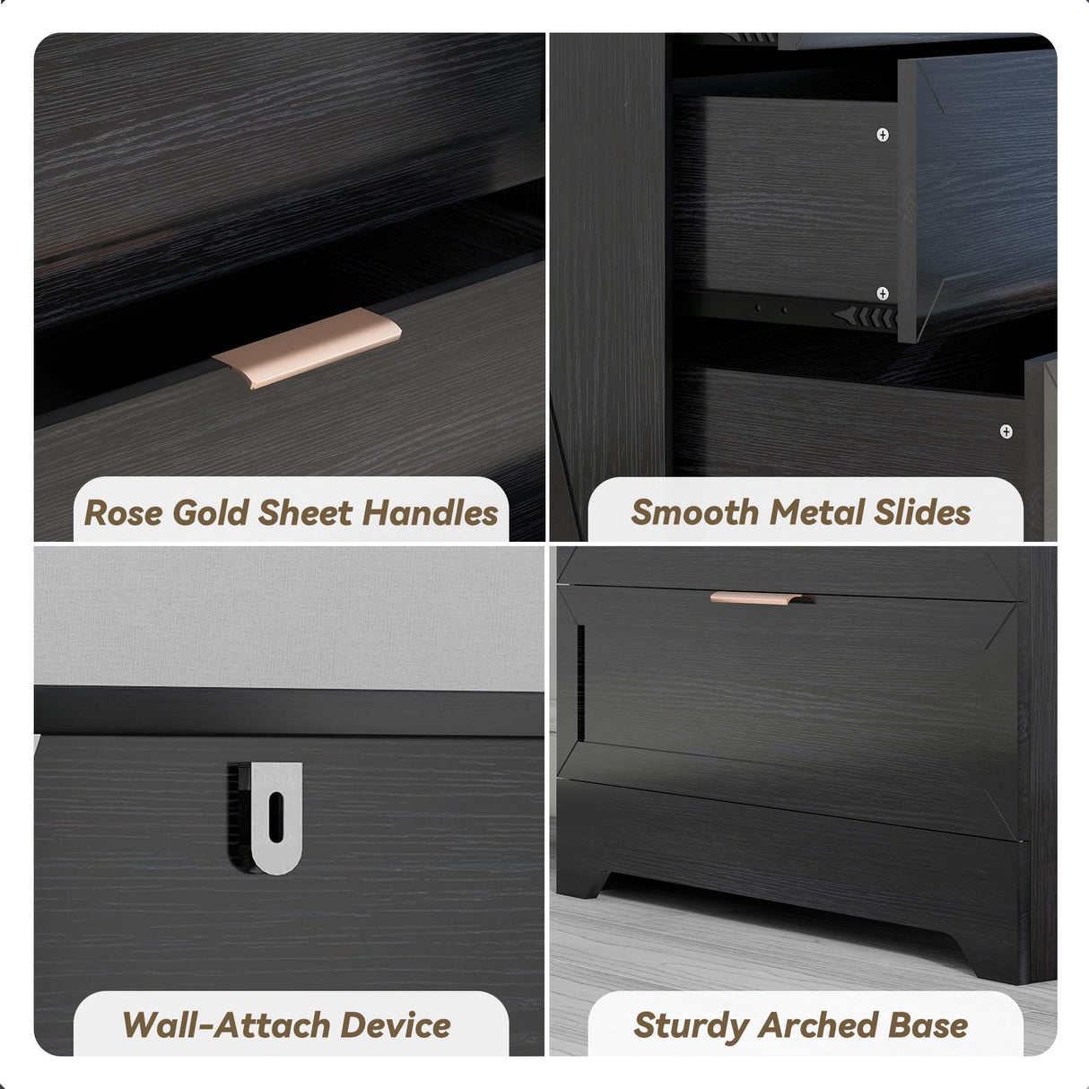 FTZxHKLX Modern 4 Drawer Dresser for Bedroom, Tall Bedroom Dresser with Large Drawer & Rose Gold Handles, Wooden Storage Organizer Cabinet Chest of Drawer for Closet, Living Room, Hallway, Black FTZxHKLX