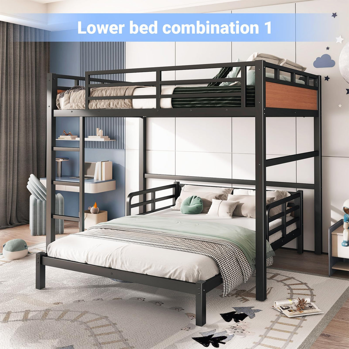 HKOLIE Full XL Over Full XL Bunk Bed, Convertible Metal Bunk Beds Can Separate into Loft Bed and Platform Bed, Heavy Duty Noise-Free Bed Frame with Safety Rails for Adults Teens Kids, Walnut HKOLIE