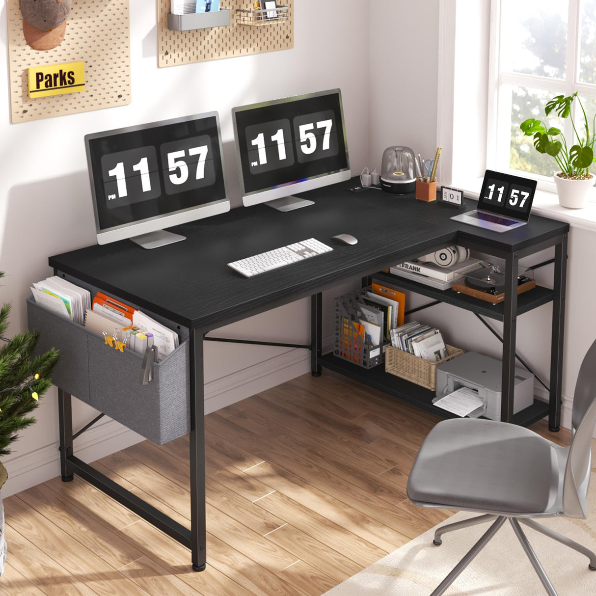 EnHomee 47" Computer Desk with Power Outlets,L Shaped Desk with Storage Shelves,Home Offic Corner Desk for Work,Writing Study Desk with Gaming Desk for Bedroom Office Dorm,Black EnHomee