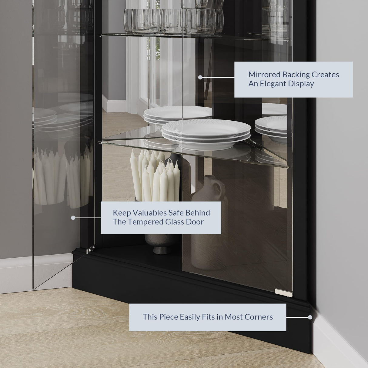 BELLEZE Lighted Corner Display Curio Cabinet Wooden Shelving Unit with Tempered Glass Door, Bar and Liquor Storage Area with 6 Shelves - Woody (Black) BELLEZE