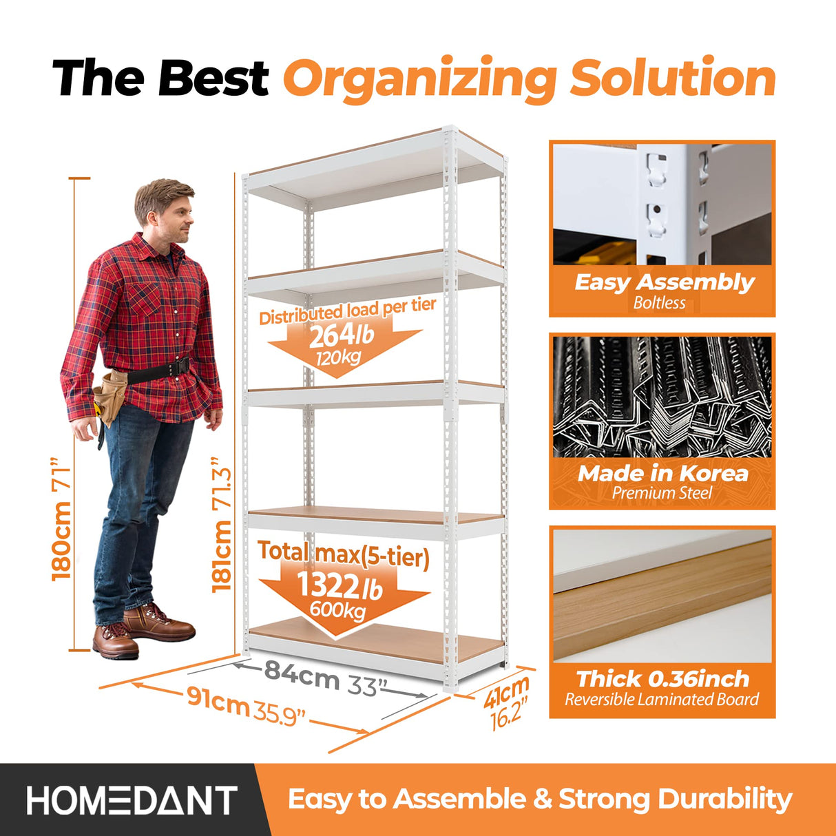 HOMEDANT 5 Tier White Storage Shelves Adjustable Laminated Boltless Garage Metal Shelving Unit Heavy Duty Utility Rack Shelf Warehouse Pantry Closet Kitchen 35.9" W x 16.2" D x 71.3" H White 1Pack HOMEDANT