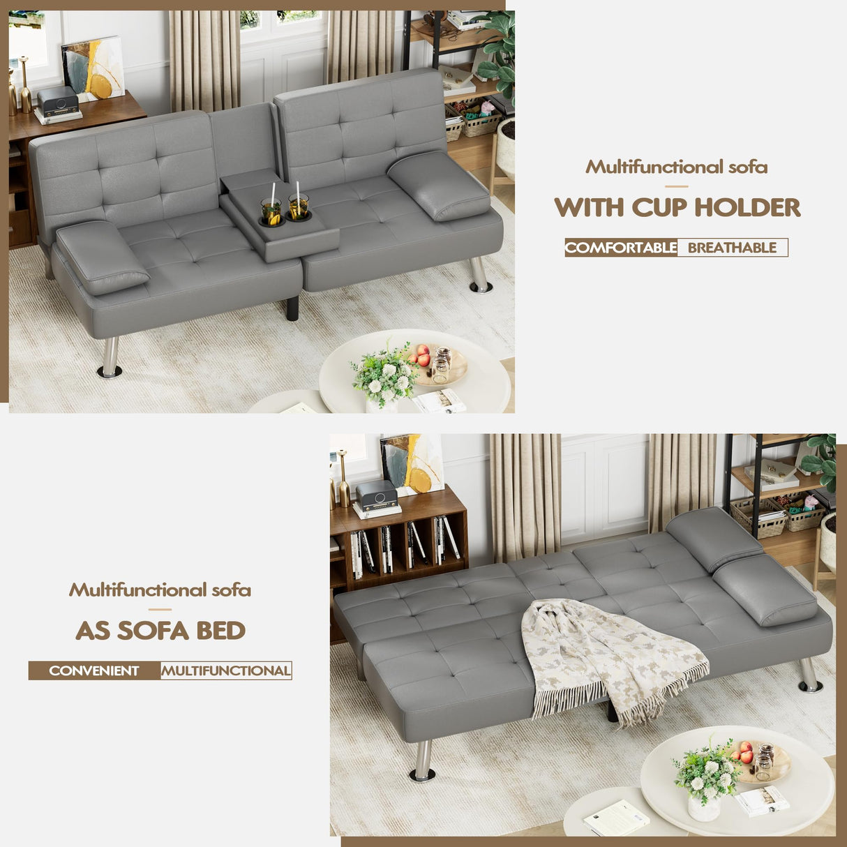 Homall Futon Sofa Bed, Leather Futon Couch with Removable Armrests, Adjustable Recliner Sleeper Sofa Bed with Dual Cup Holders for Living Room, Apartment, Office (Grey) Homall