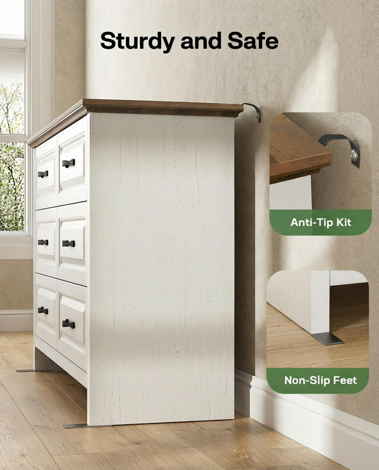 Marsail Farmhouse 6 Drawer Dresser, Wood Chest of Drawers with Natural Texture, Smooth Gliding Drawers, Versatile Storage Organizer Cabinet for Bedroom & Living Room, White and Brown Marsail