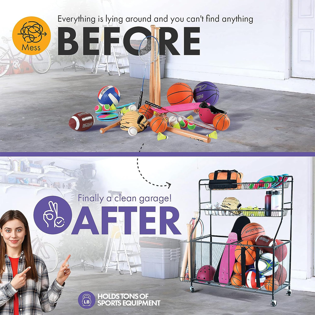 HOME IT Garage Sports Equipment Organizer - Garage Ball Storage Rack Organizer Holder with Baskets, Rolling Wheels & Breaks - Large Capacity Heavy Duty Steel Ball Storage Cart HOME IT