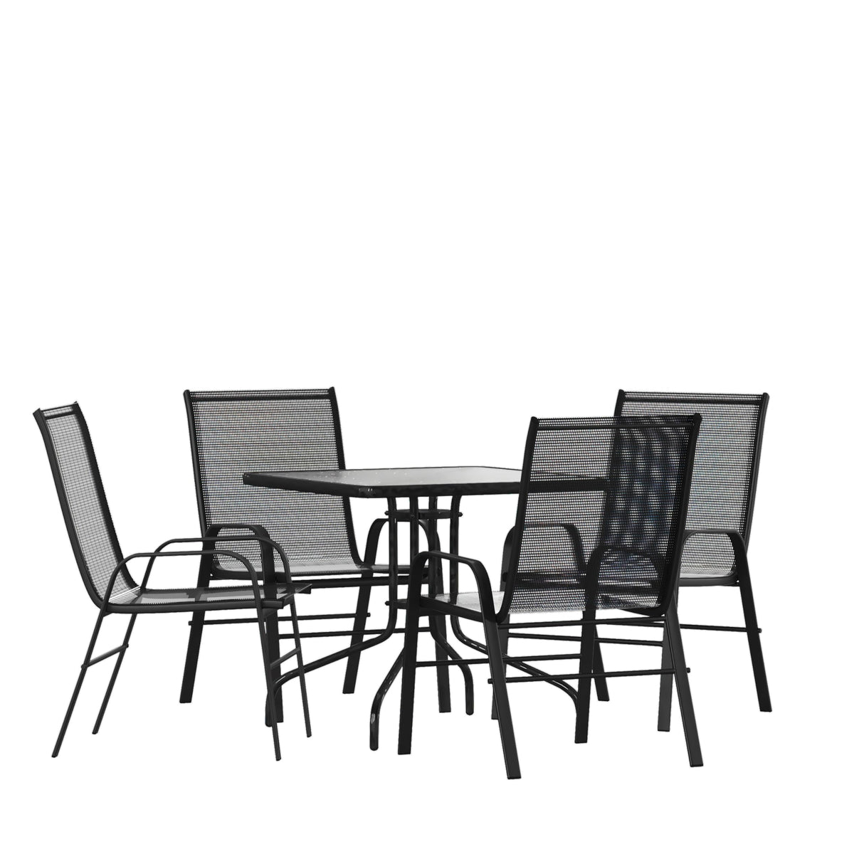 Flash Furniture Brazos Series 5-Piece Glass Patio Table and Chairs Set, Outdoor Patio Dining Set with Square Table and 4 Sling Patio Chairs, Black Flash Furniture