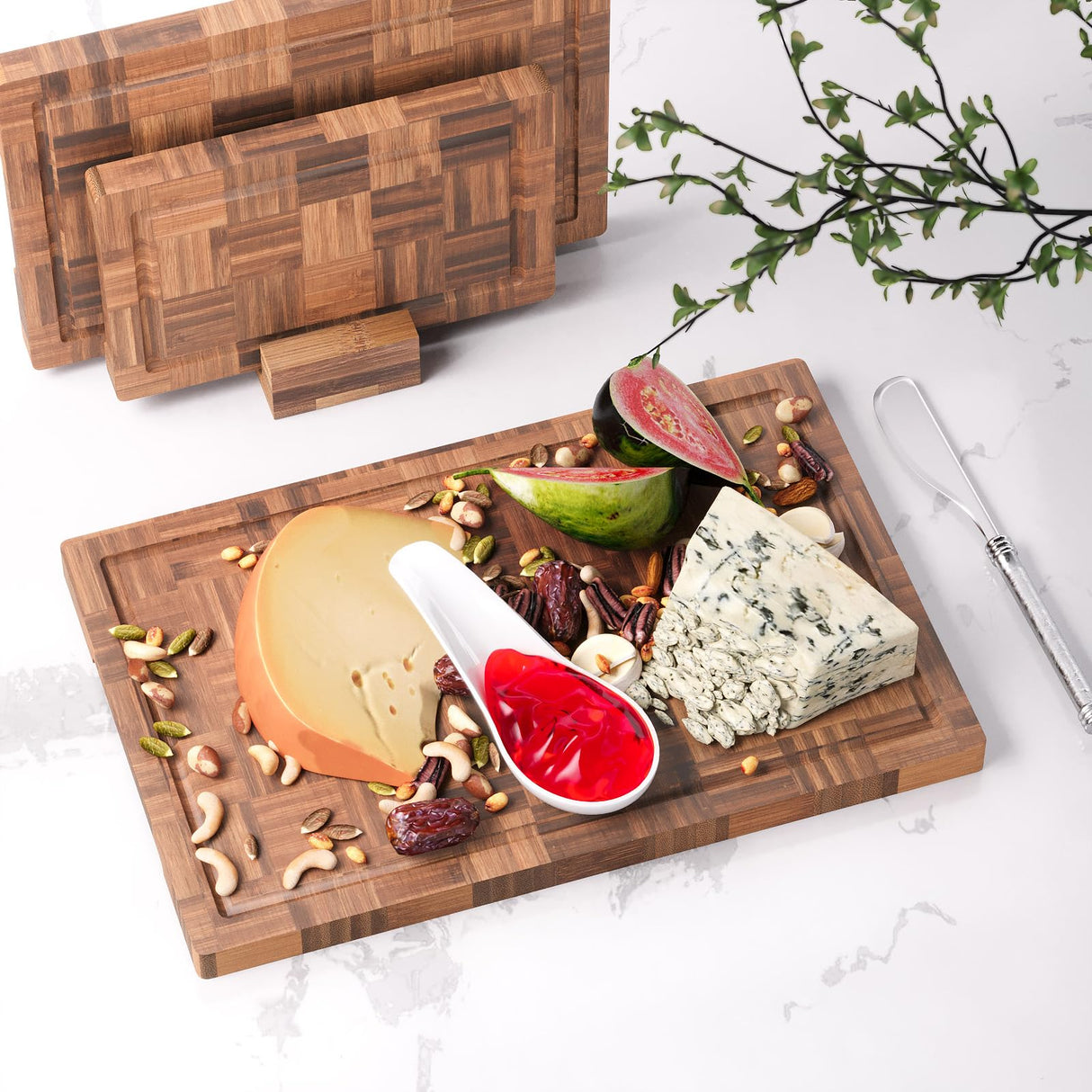 Fibogollo Bamboo Cutting Boards for Kitchen,Kitchen Cutting Board,Wooden Chopping Boards with Juice Groove, Serving Board Set, Splicing Craft Chopping Board for Meat,Vegetables,Fruit,Fish(3 Pcs) Fibogollo