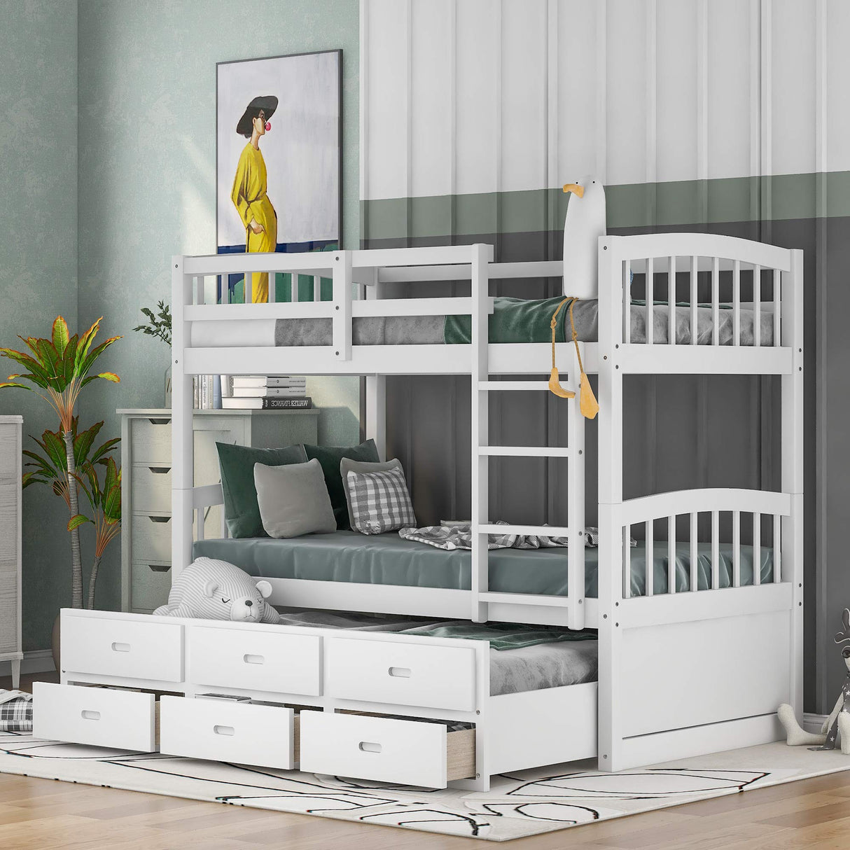 Harper & Bright Designs Twin Over Twin Bunk Bed with Storage Drawers, Solid Wood Bunk Bed Frame with Trundle, for Kids, Teens, Adults (White) Harper & Bright Designs