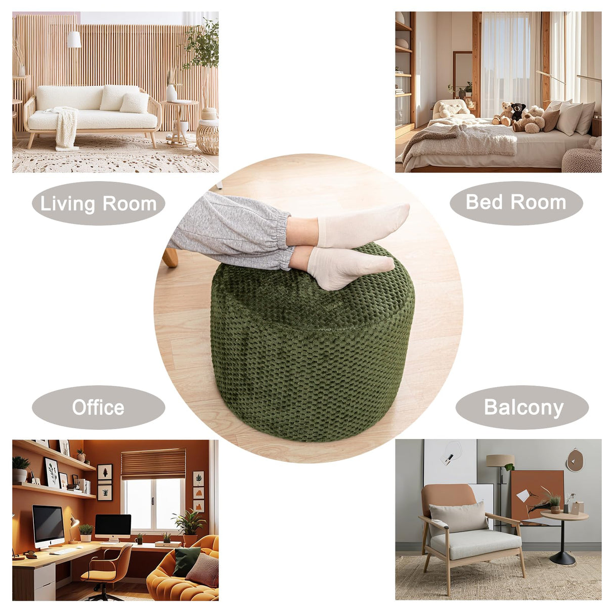 Ottoman Foot Rest Stuffed Round Boho Floor Poof Seating Armchair Foot Stool Floor Cushion Bean Bag Pouf Ottoman 18x18x14 Inch Forest Poofieotto