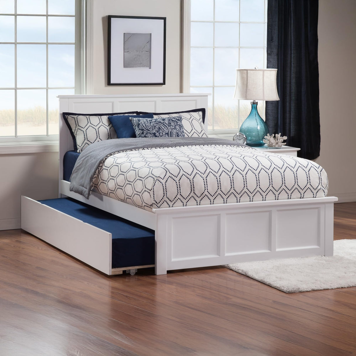 AFI, Madison Queen Platform Bed with Matching Footboard, Twin XL Trundle, and Attachable USB Charger, White AFI