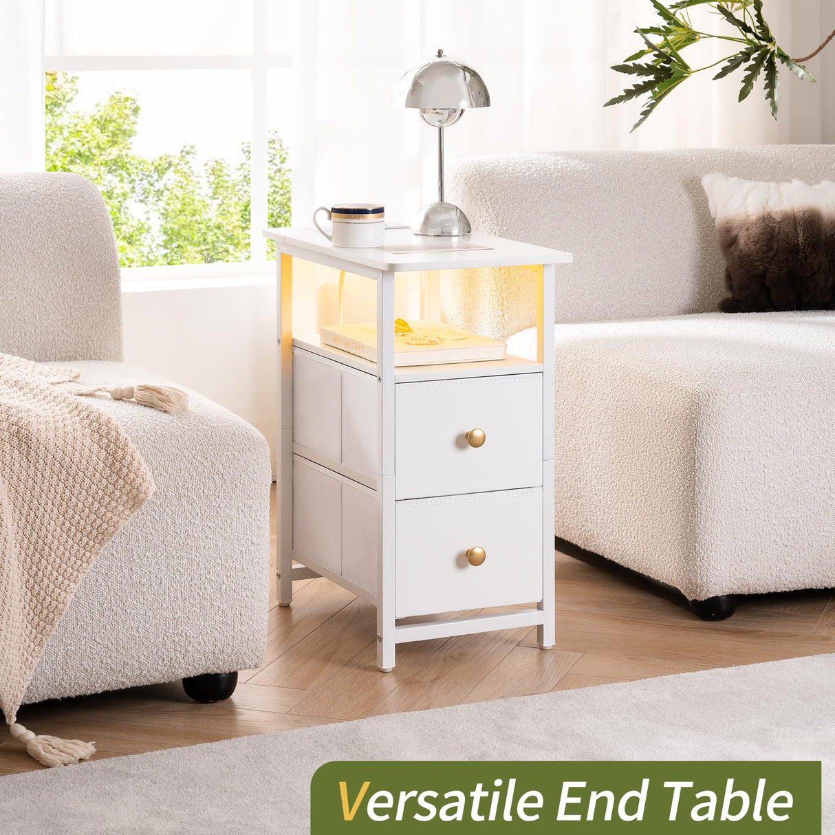 Yoobure End Table with Charging Station, Narrow Side Table LED Small Night Stand, Skinny Nightstand with Fabric Drawers, Bedside Table End Tables Living Room, Side Tables Bedroom for Small Spaces Yoobure