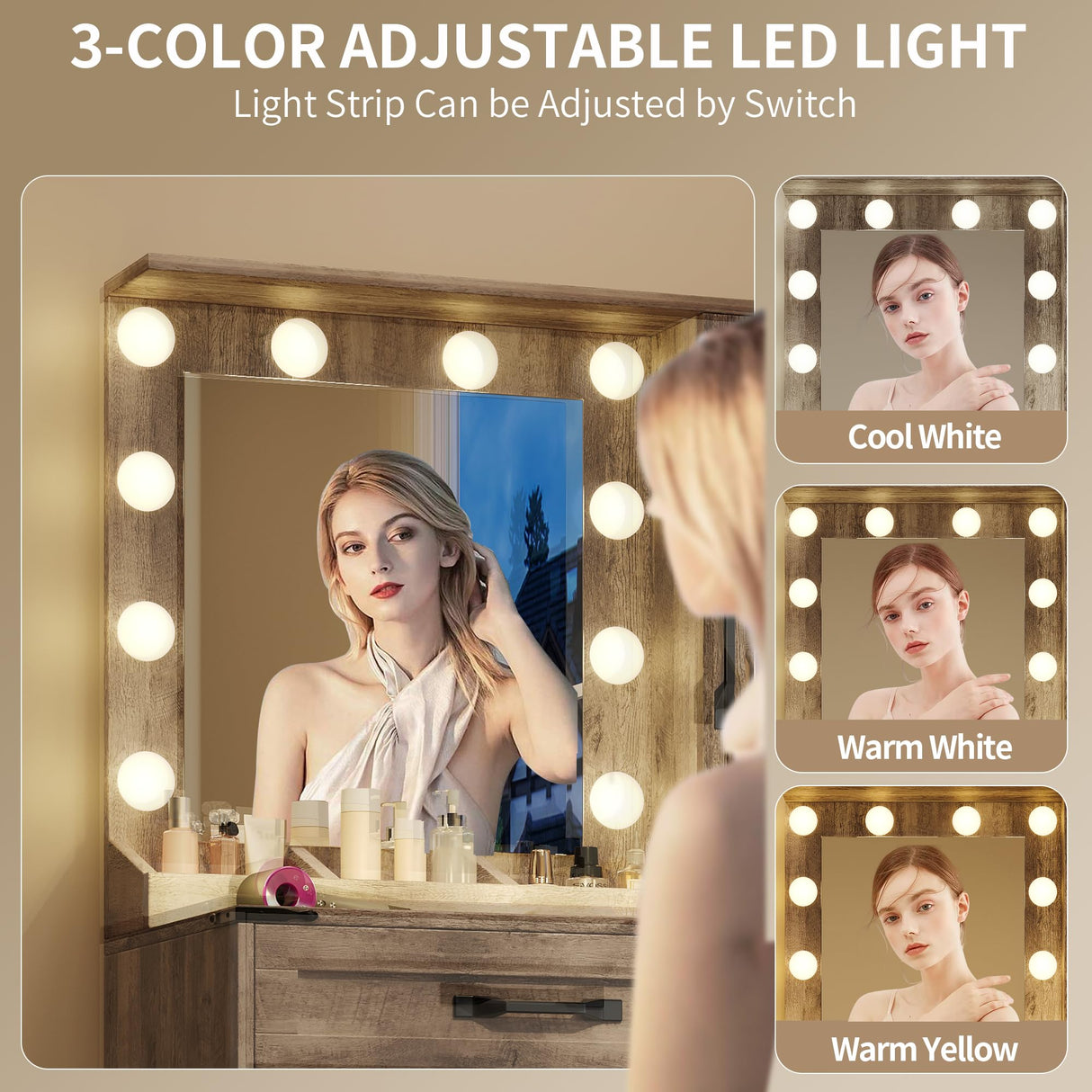 NEDYO Vanity with Mirror and Lights, Farmhouse Vanity Desk, Makeup Vanity Table Set, Small Wood Vanity with Chair, Vintage Large Light Bulbs Dimmable Mirror, Shelves and Drawers. Oak NEDYO