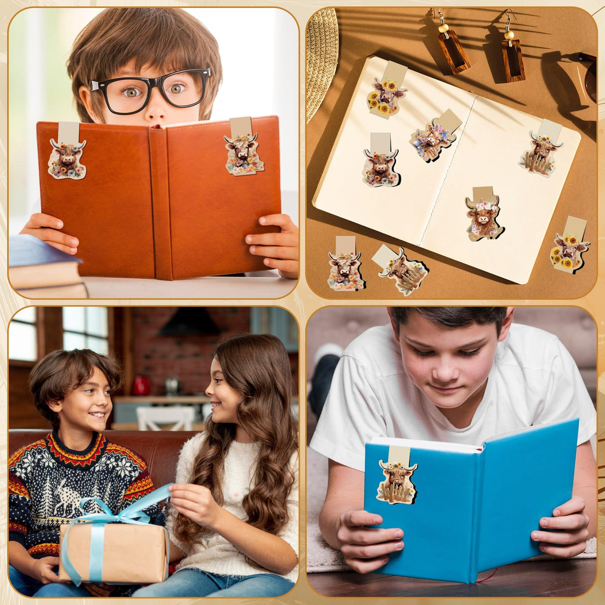 Wxiben Highland Cow Magnetic Bookmark - 12 Pcs Funny Animal Bookmarks Magnetic Floral Book Mark Magnets Cute Cow Magnets Bookmark Page Clip Gift for Book Lovers Students Teacher Reading Book Marks Wxiben