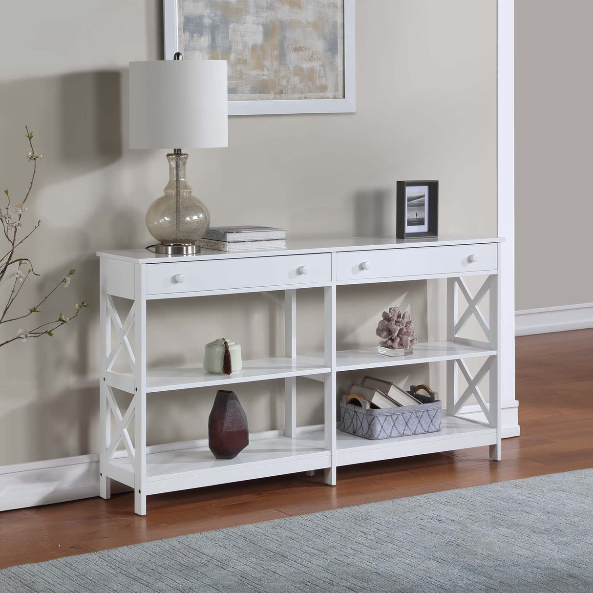 Convenience Concepts Oxford 2-Drawer Console Table with Shelves, 60", White Convenience Concepts