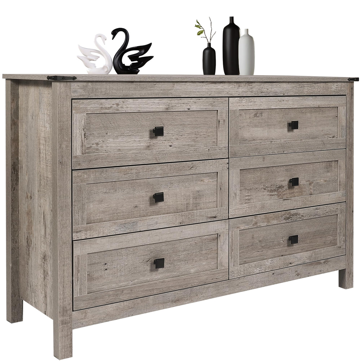 CATMIX Farmhouse 6 Drawers Dresser, Wood Double Dresser Chest of Drawers Wide Storage Organizer Cabinet for Bedroom, Living Room, Rustic Grey CATMIX