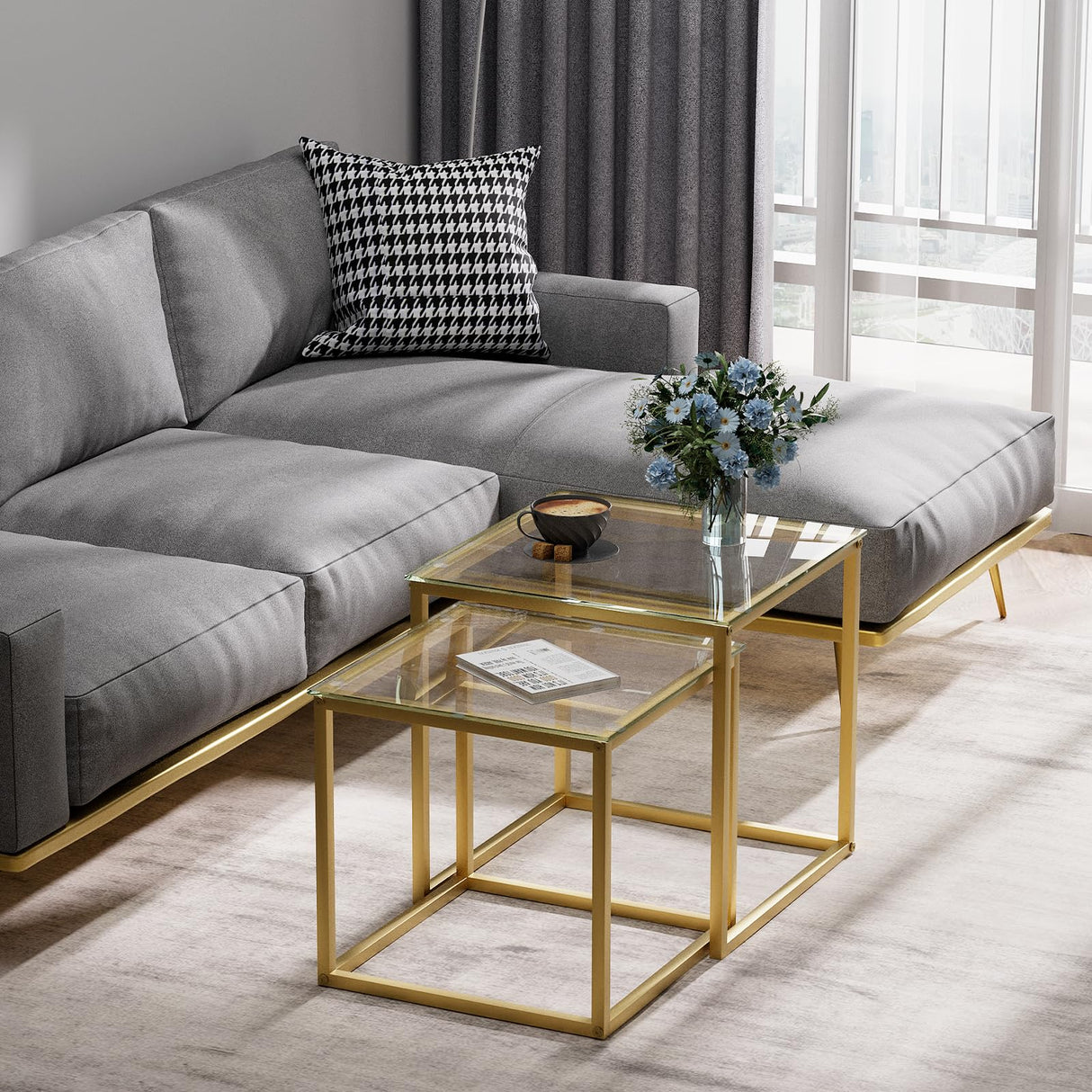VILAWLENCE Coffee Table Set of 2, Modern Gold Glass Side Table, Metal Frame Square End Table, Center Tables Nesting Coffee Table for Living Room,Bedroom and Small Spaces VILAWLENCE
