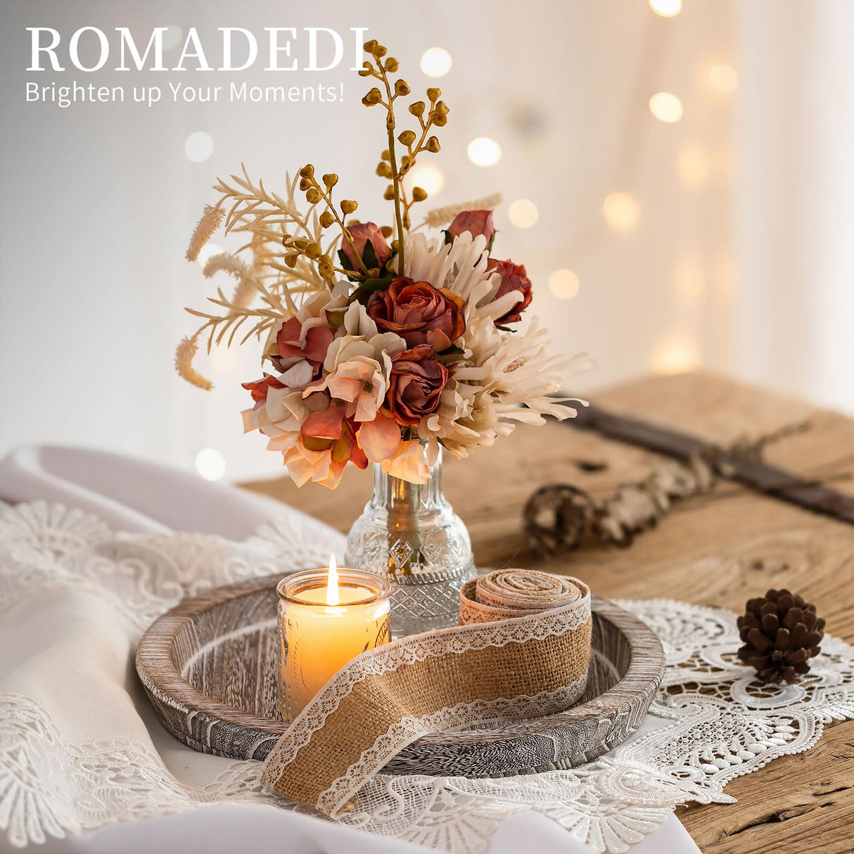 Wooden Decorative Tray Candle Holder: Romadedi Round Wood Tray Home Decor, Whitewash Rustic Trays for Farmhouse Dinning Table Kitchen Countertop Coffee Table Wedding Centerpiece, 11inch, Size L Romadedi