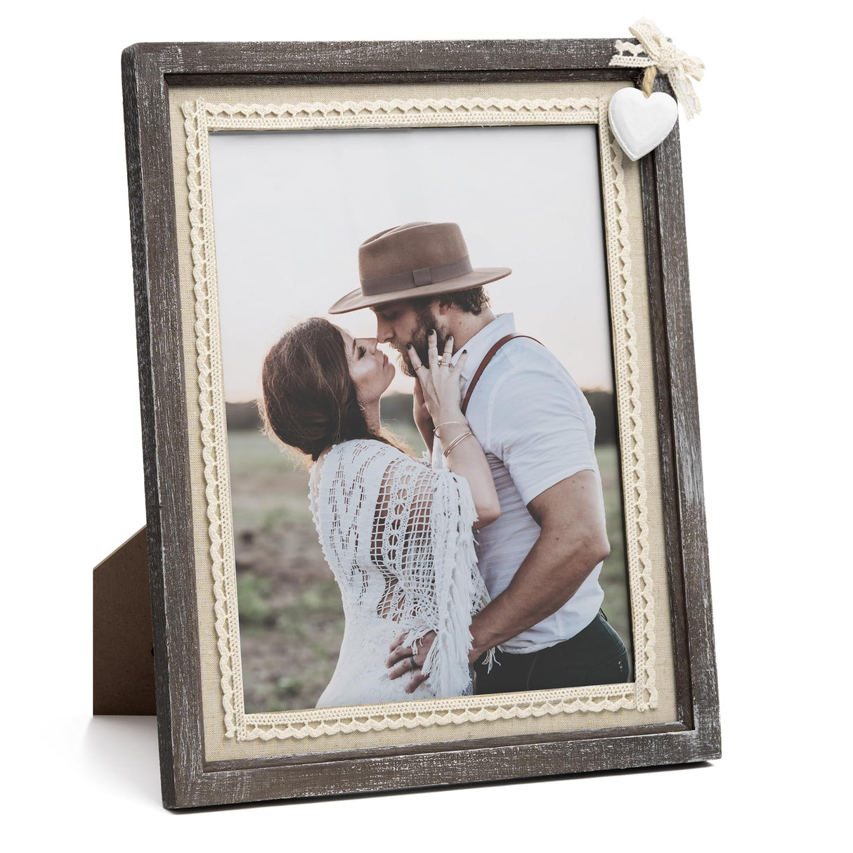 Afuly 8x10 Picture Frame Wooden Distressed Rustic Photo Frame with White Heart Burlap Lace, Solid Wood Frame for Farmhouse Wall Tabletop Home Decor Anniversary Wedding Gifts for Mom Grandma Afuly