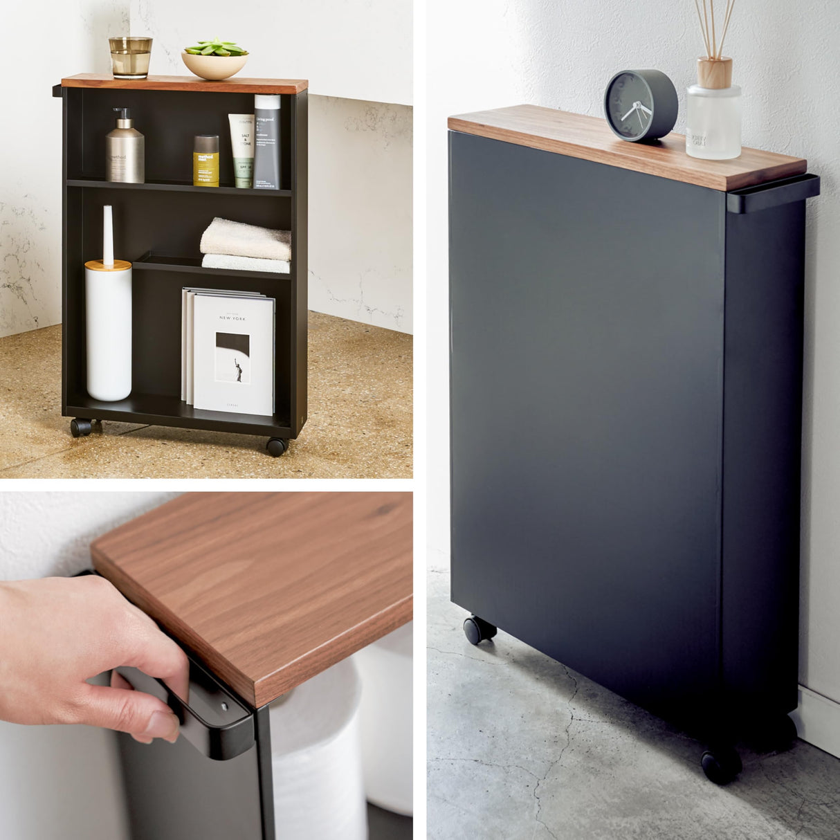 YAMAZAKI Home Slim Rolling Storage Cart – Narrow Bathroom Storage Cabinet with Handle, Slim Bathroom Storage Cart with Wheels, Easy Assembly, Steel + Wood, Black YAMAZAKI