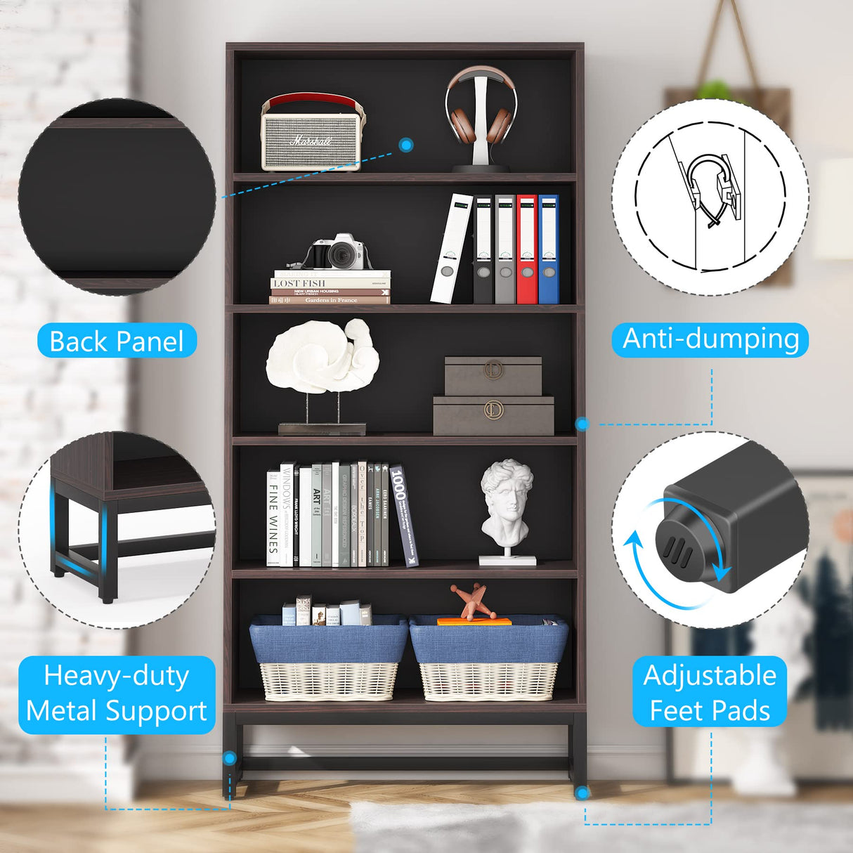 Tribesigns 70.8” Heavy-Duty Tall Bookcase & Organiser with 5-Tier Storage Shelves in Sandalwood Tribesigns