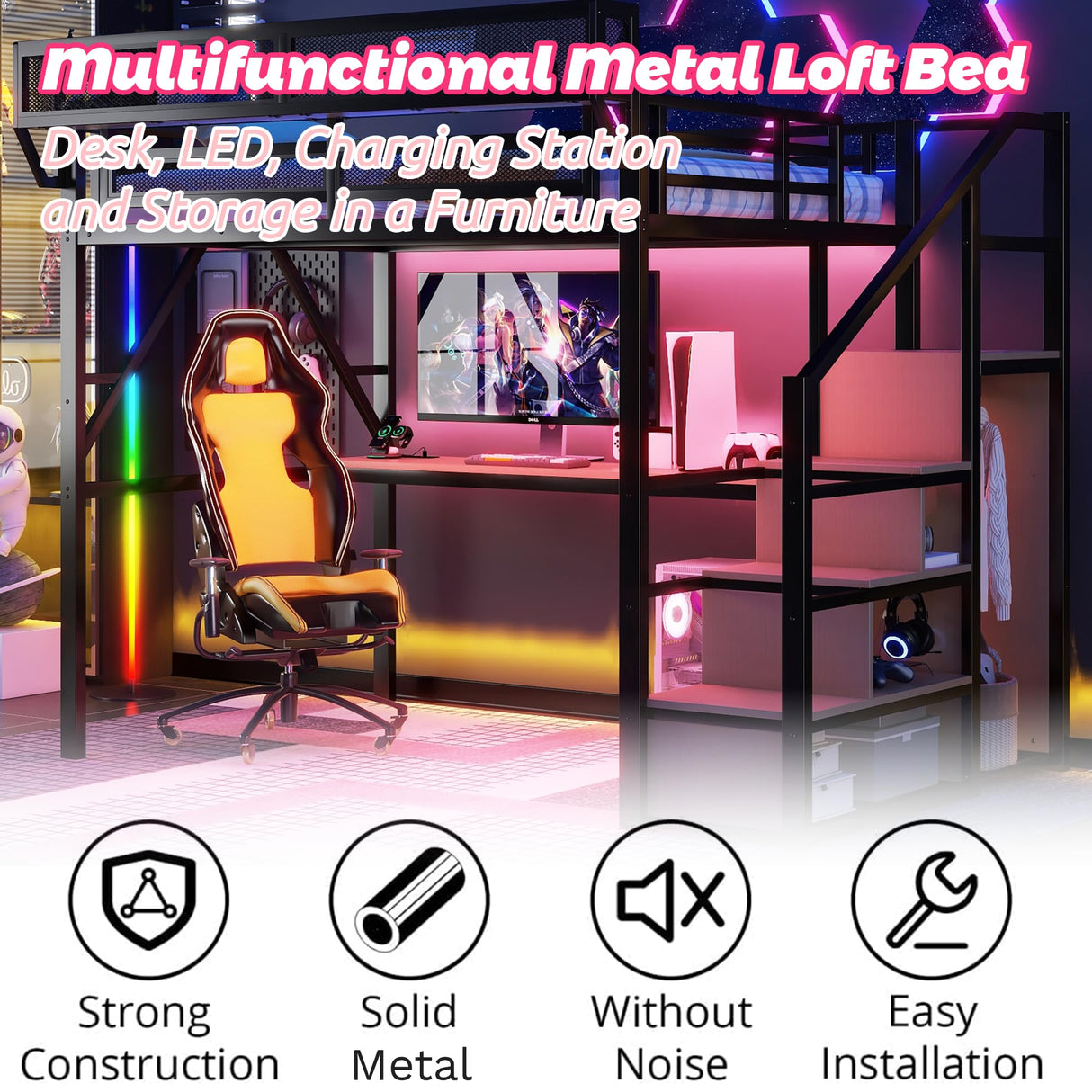 Metal Loft Bed with Desk and RGB LED Lights, Full Size Loft Bed with Stairs and Charging Station,Kids Loft Beds with Storage Shelves for Upper and Wardrobe,Loft Beds Frame for Kids Teens, Black Duxelifin