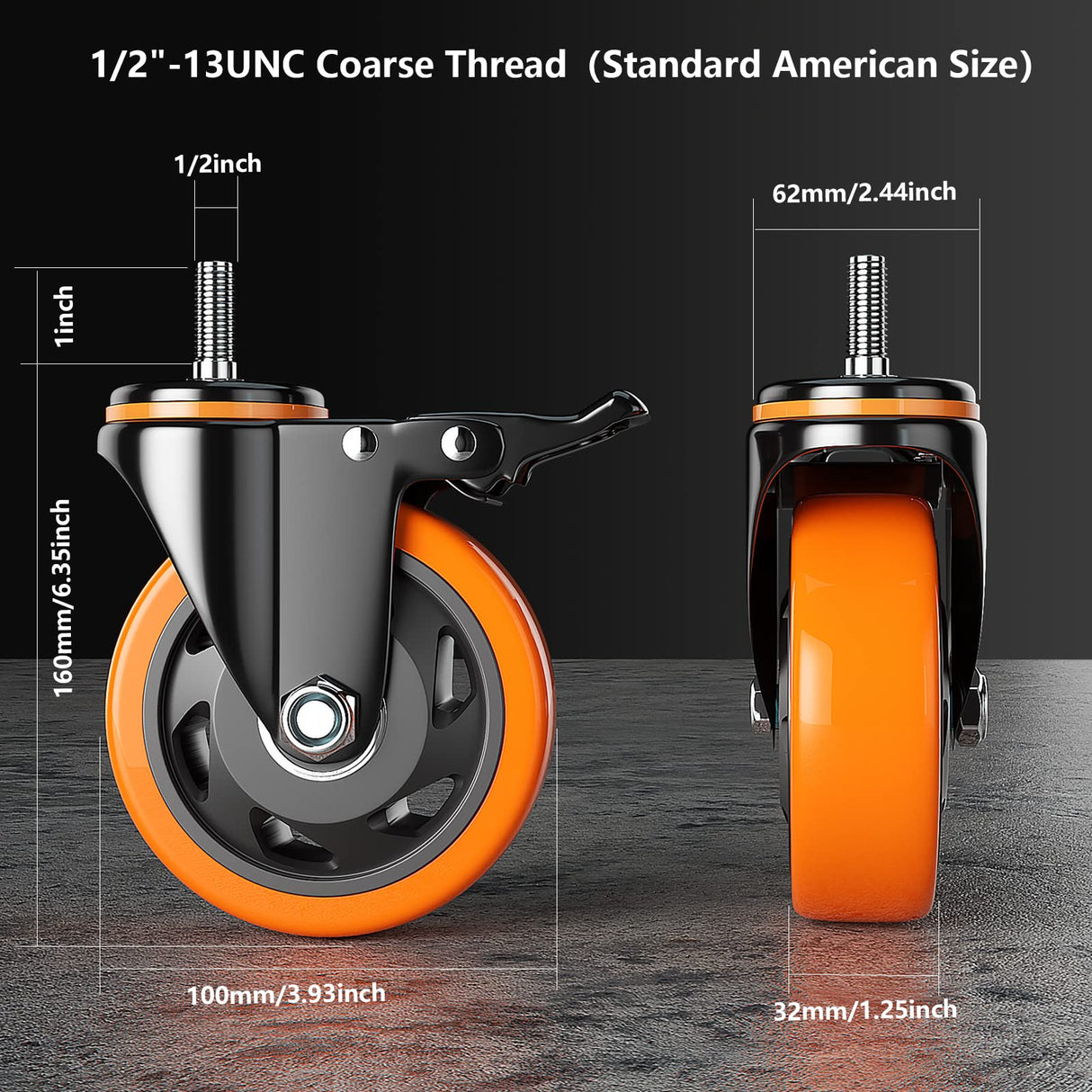 4 Inch Caster Wheels 2200Lbs, Threaded Stem Casters Set of 4 Heavy Duty, 1/2"-13 x 1 (Screw Diameter 1/2", Stem Length 1"), Safety Dual Locking Industrial Castors, Wheels for Cart, Furniture YUPEZOP