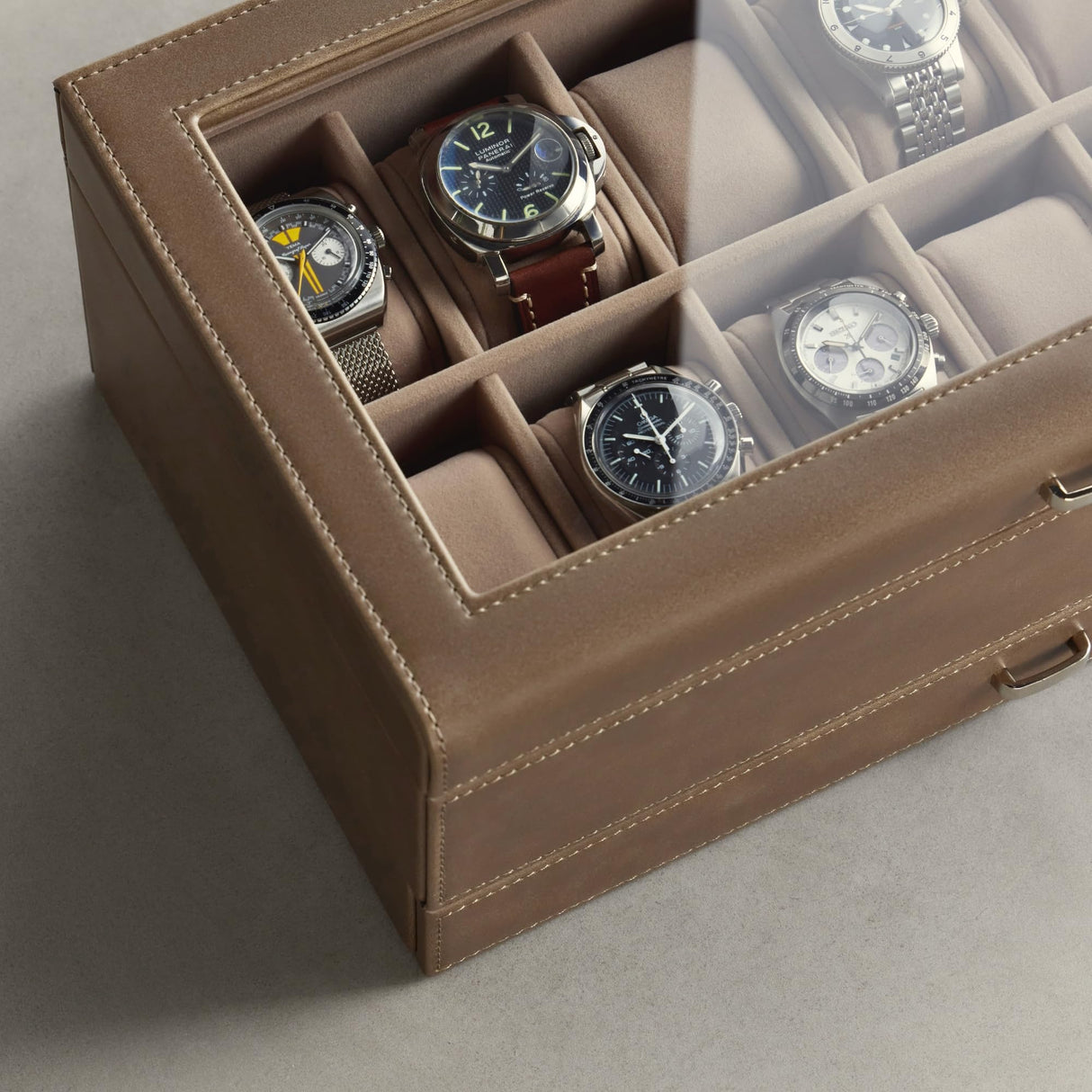 TAWBURY 12 Slot Watch Box with Storage Drawer – Premium Watch Storage Case for Men & Women | Handcrafted from PU Leather & Engineered Wood | Wrist Watch Display Case (Taupe) TAWBURY