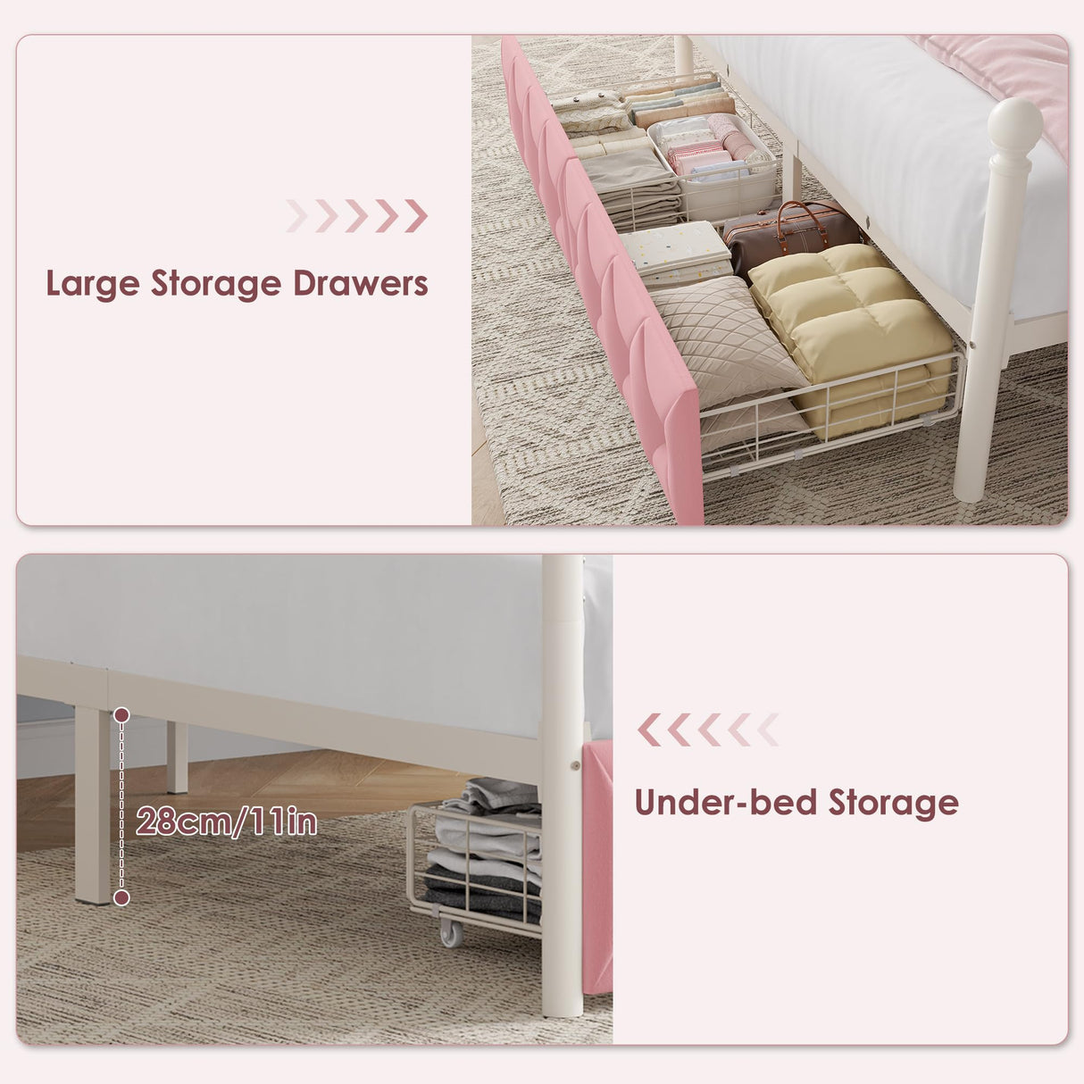 Keyluv Full LED Canopy Bed Frame with Storage Drawers and Charging Station, Four Poster Bed Frame with Upholstered Button Tufted Crown Headboard, 2 in 1 Royal Princess Pink Bed with Removable Posts Keyluv
