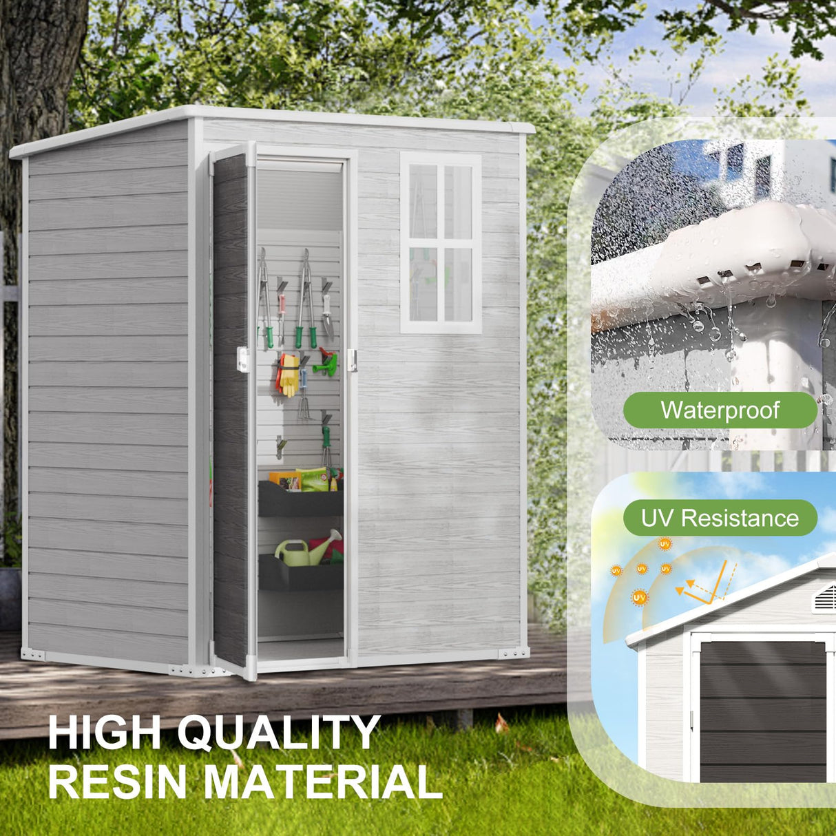 SELLERWE 5x3 FT Outdoor Storage Shed, Waterproof Thicker Small Resin Shed with Floor & Lockable Door & Window & Vents, Plastic Tool Shed for Backyard, Patio, Poolside, Outside, Dove Grey SELLERWE