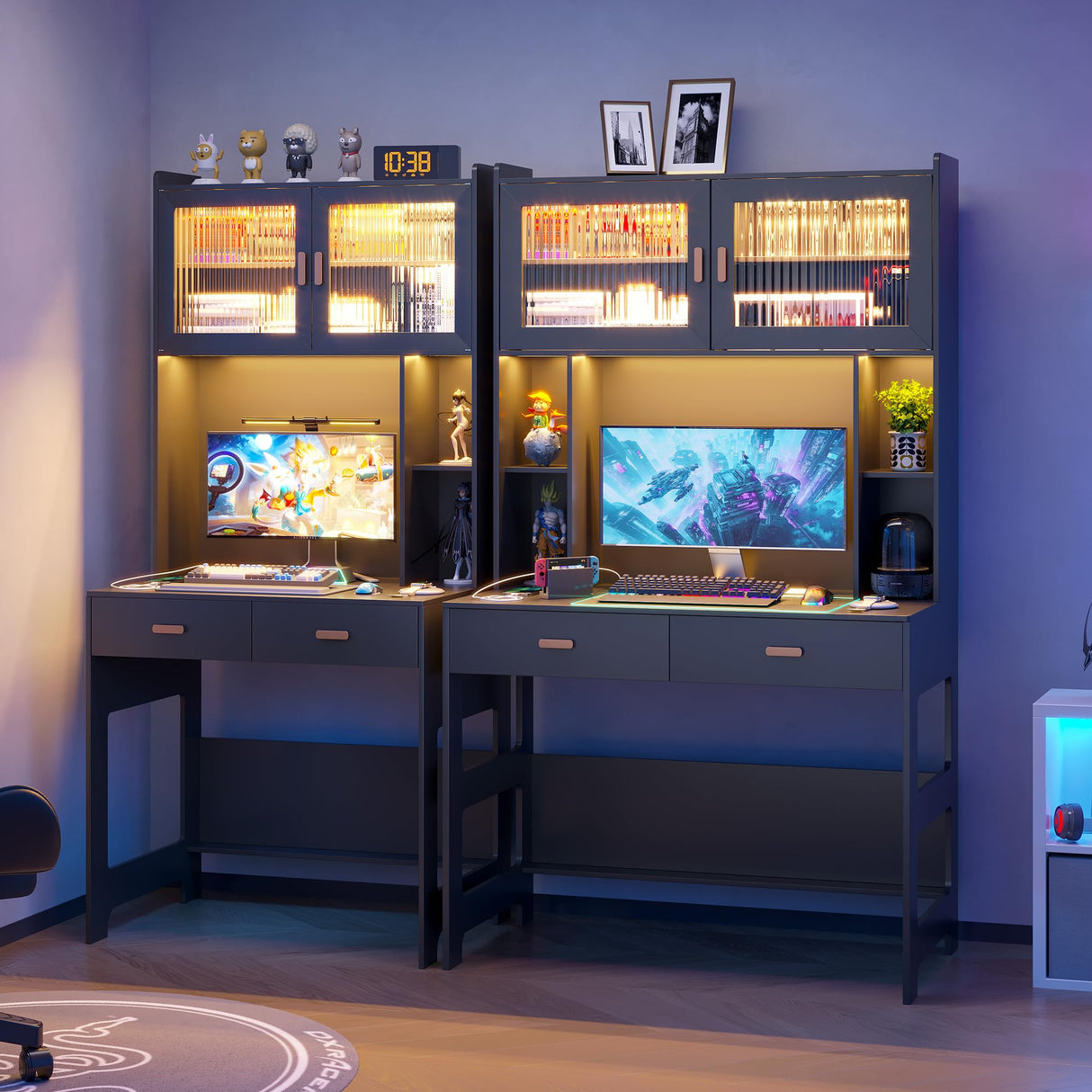 Vlsrka LED Computer Desk with Hutch, 40 Inch Modern Gaming Desk with Power Outlet, Wooden Home Office Desk with Storage Drawers & Shelves (Black) Vlsrka