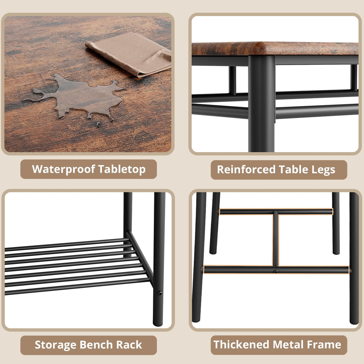 IRONCK Dining Table Set for 4, Kitchen Table with Upholstered Bench and 2 Chairs, Kitchen Table and Chairs Set for Small Space, Apartment, Rustic Brown IRONCK