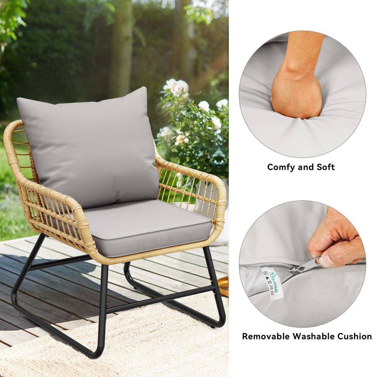 YITAHOME 4 Piece Patio Furniture Set, Outdoor Wicker Furniture Set with Removable Cushion, Rattan Patio Loveseat Set for Garden, Backyard, and Deck,Armchairs, Glass Side Table, Light Gray & Beige YITAHOME