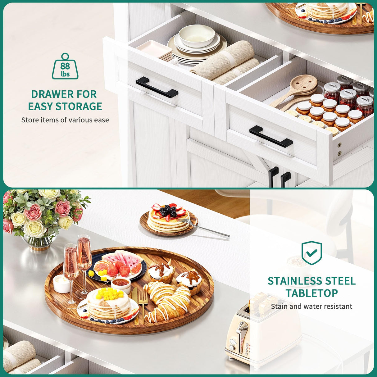 YITAHOME Kitchen Island with Stainless Steel Top & Drop Leaf, 47 Inch Kitchen Island on Wheels with Power Outlet, Rolling Portable Mobile Kitchen Cart w Storage Drawer Cabinet Counter Metal Top, White YITAHOME