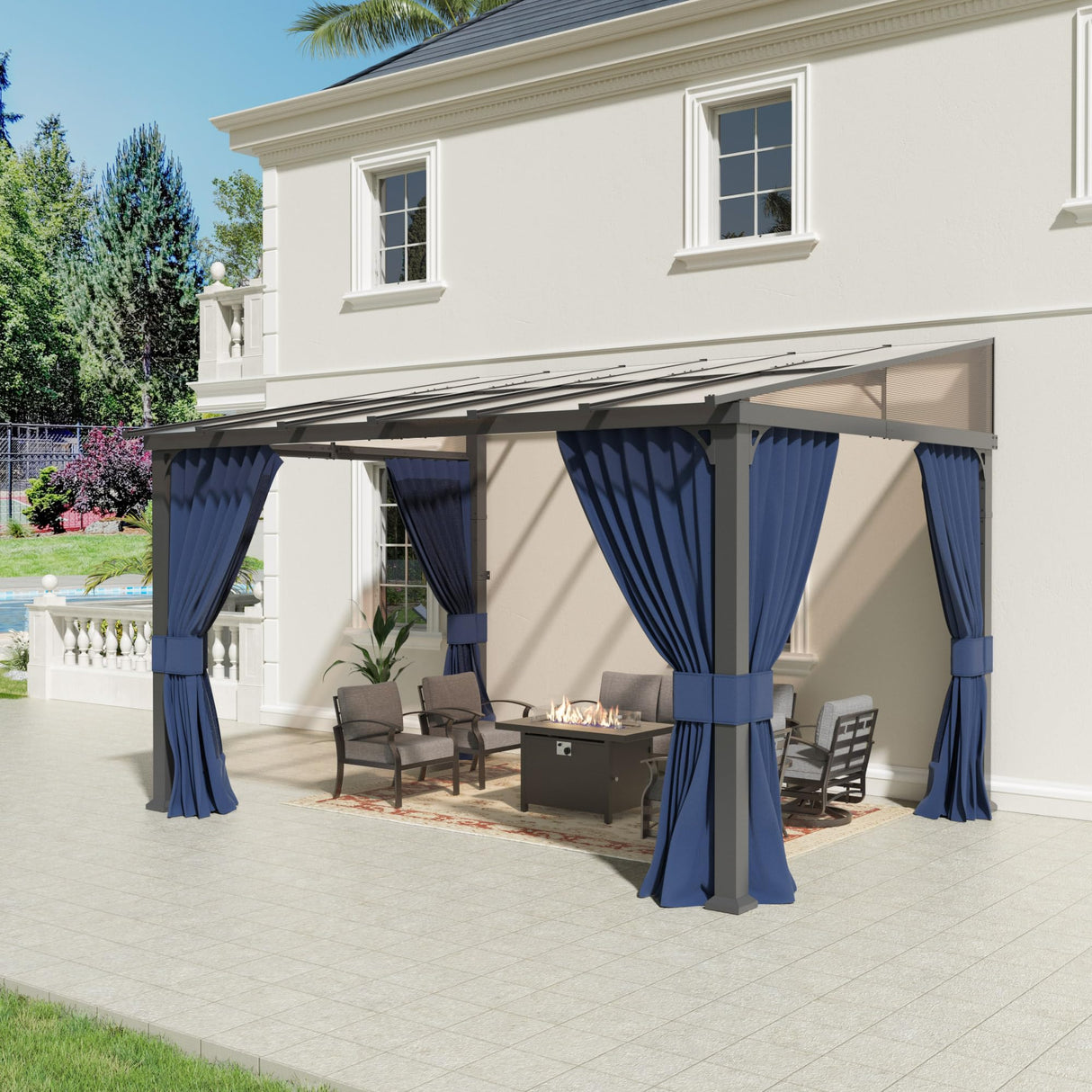 Trumbeak 10’ x 14’ Gazebo for Patio,Wall Mounted Gazebo with Sloping Polycarbonate Roof,Outdoor Gazebo w/Netting & Curtain,Aluminum Frame Hardtop Gazebo for Garden,Deck,Backyard,NavyBlue Trumbeak