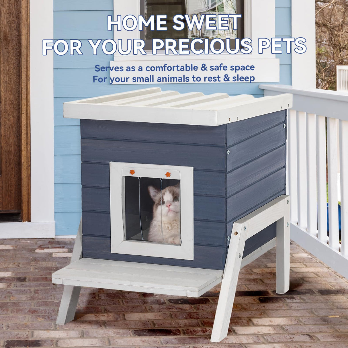 Petsfit Cat House Outdoor, Insulated High Feet + Feeding Station +Door Curtain, Wood Outside Cat House, Bunny Rabbit Hutch Blue Petsfit