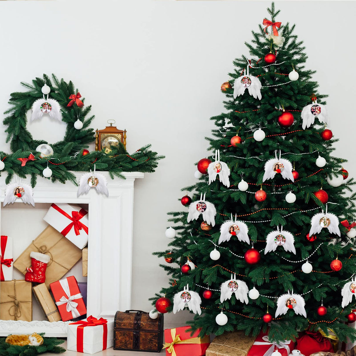 36 Pieces Angel Feather Wings Ornament Sublimation Ornament Blanks Set White Angel Wings for Crafts Round Hanging Sublimation Blanks Bulk for Tree Decor Party Decorations DIY Craft BBTO