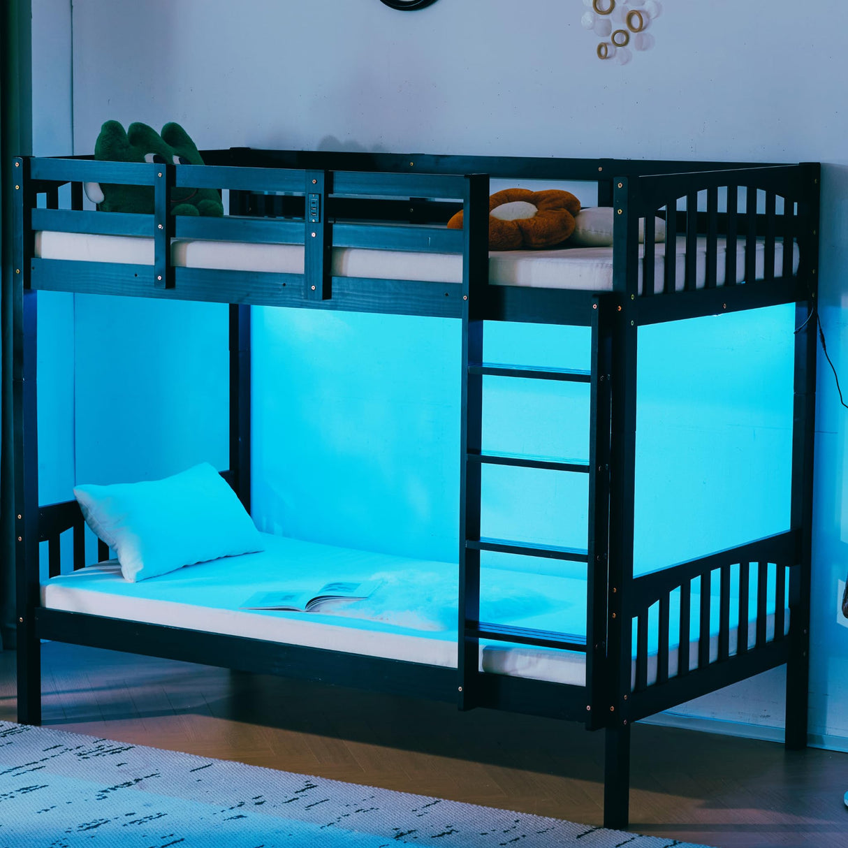 VINGLI Solid Wood Bunk Bed Twin Over Twin with LED Lights/USB Port Charge Station/Scoring Rungs, Convertible Bunk Beds with Extra 15 inches Tall Guardrial and Ladder for Kids, Black VINGLI