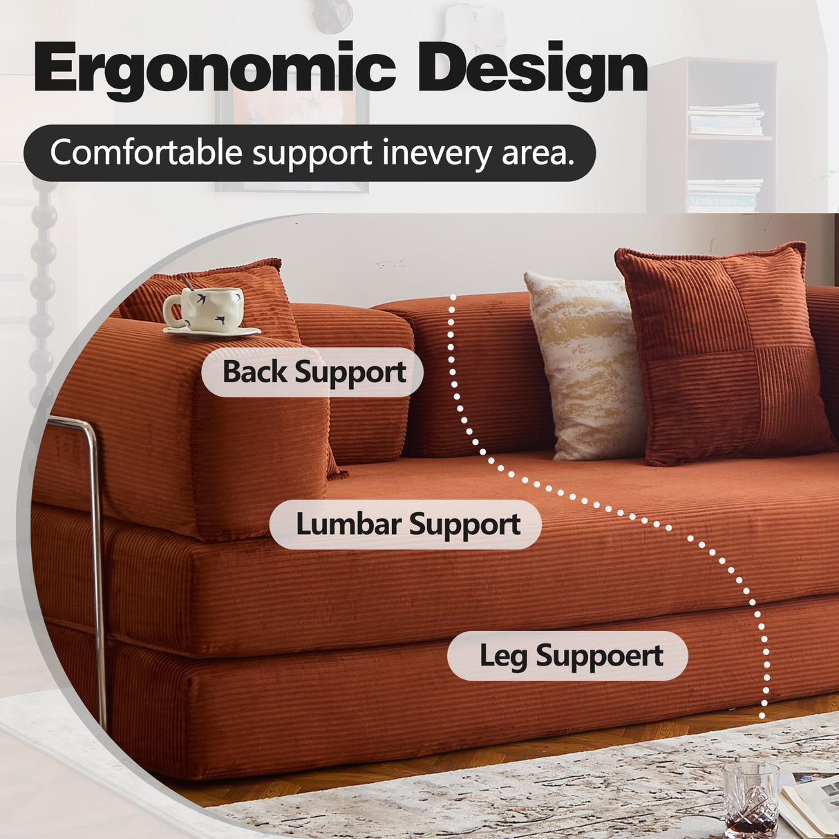 LIAROO 78.8" Convertible Sofa Bed - Compression Sofa with Corduroy Fabric - with Armrests and Backrest - Modular Sectional for Living Room, Bedroom, Studio - Compression Sofa in Box (Orange) LIAROO