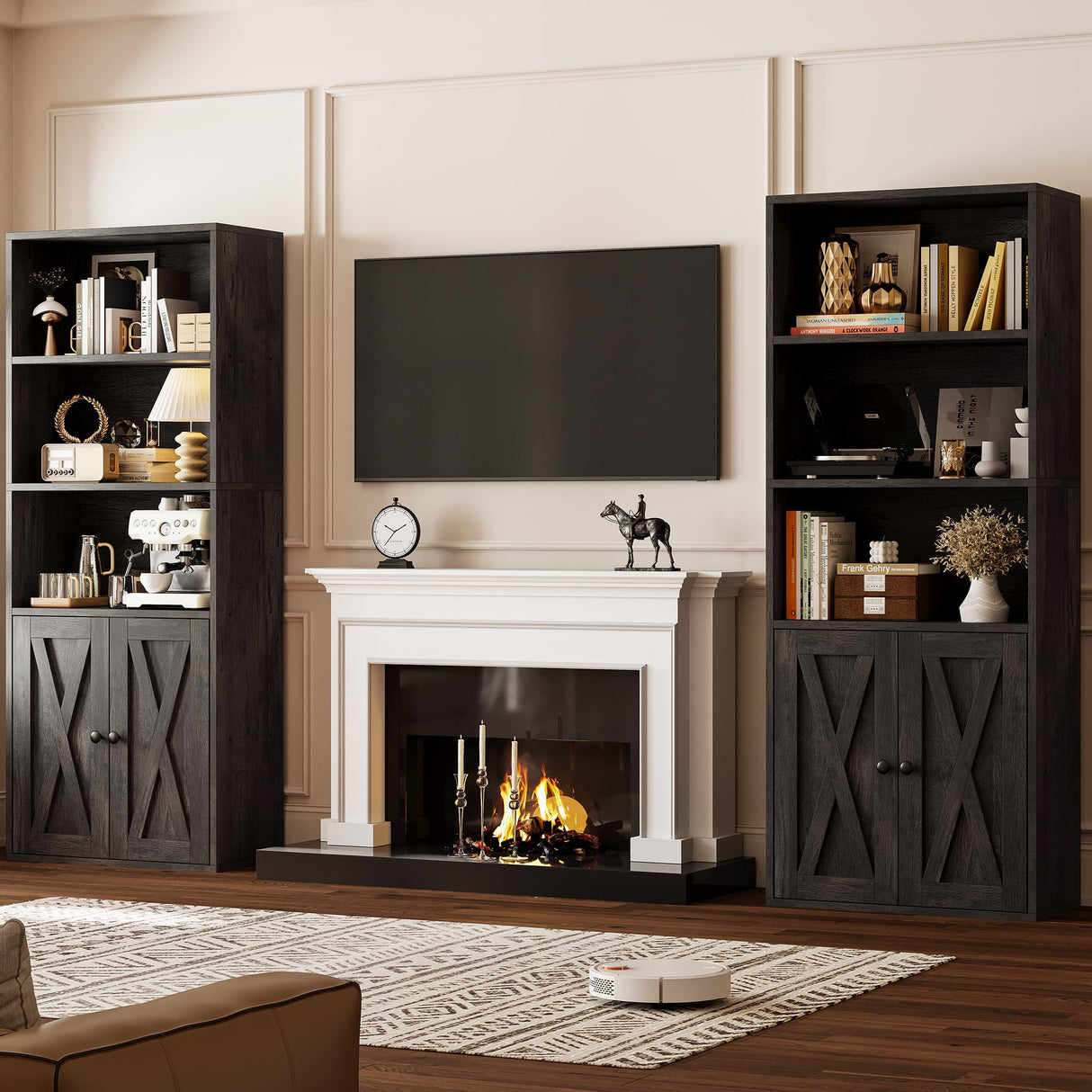 IRONCK Industrial Bookshelves and Bookcases with Doors 11.8 in Depth Set of 2 Floor Standing 5 Shelf Display Storage Shelves Bookcase Home Decor Furniture for Home, Office, Living Room, Bedroom IRONCK