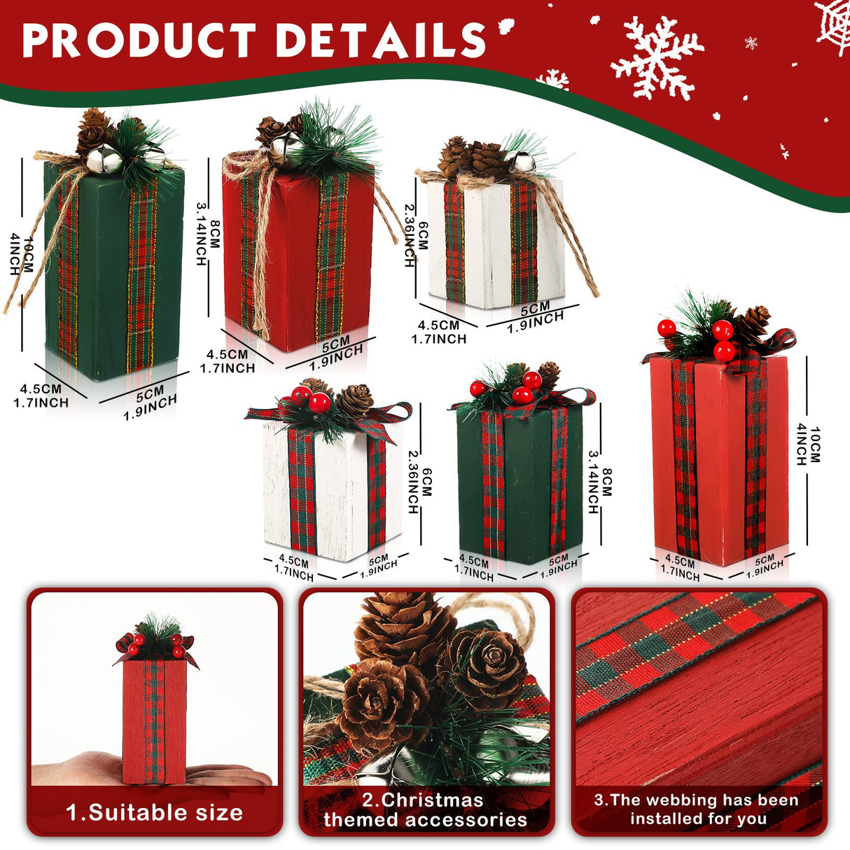 BBTO 6 Pcs Christmas Wooden Gifts Box Decor Christmas Table Decor Table Centerpieces with Buffalo Plaid Bowknot Faux Present Wooden Blocks Rustic Wooden Gifts Tiered Tray Decor for Xmas Party Decor BBTO