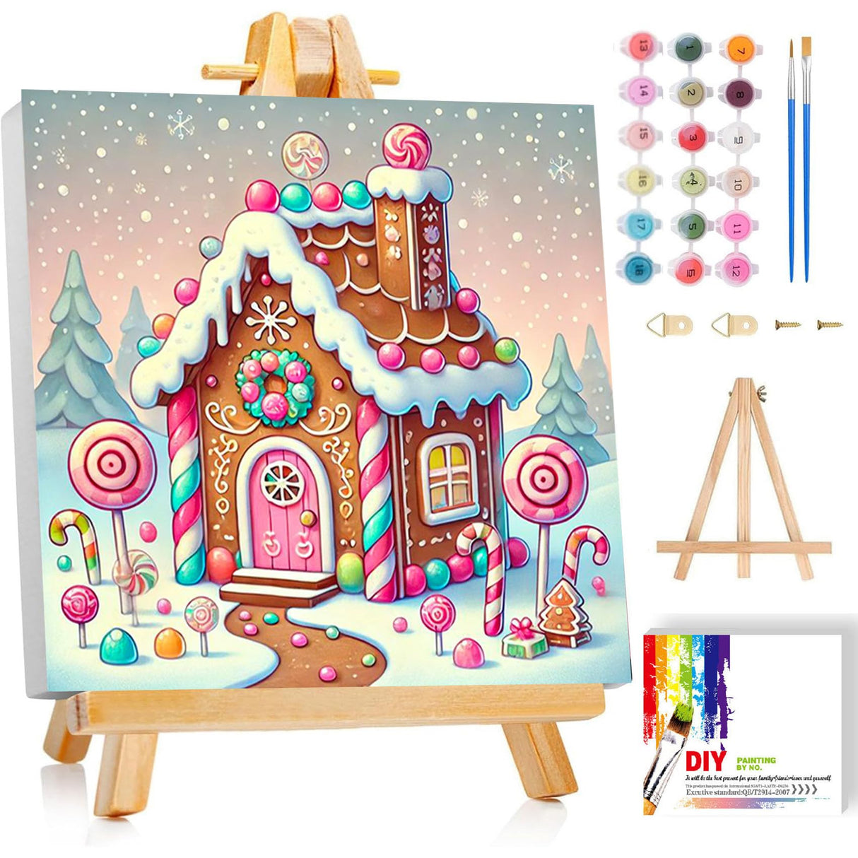 Christmas Paint by Numbers Kit for Kids with Frame - Candy House Paint by Number for Kids, Christmas Kid Painting by Number Kits Age 5-8 for Home Wall Decor 8X8inch (with Wooden Easel) ajepon