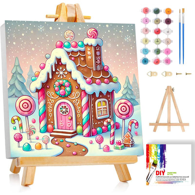 Christmas Paint by Numbers Kit for Kids with Frame - Candy House Paint by Number for Kids, Christmas Kid Painting by Number Kits Age 5-8 for Home Wall Decor 8X8inch (with Wooden Easel)