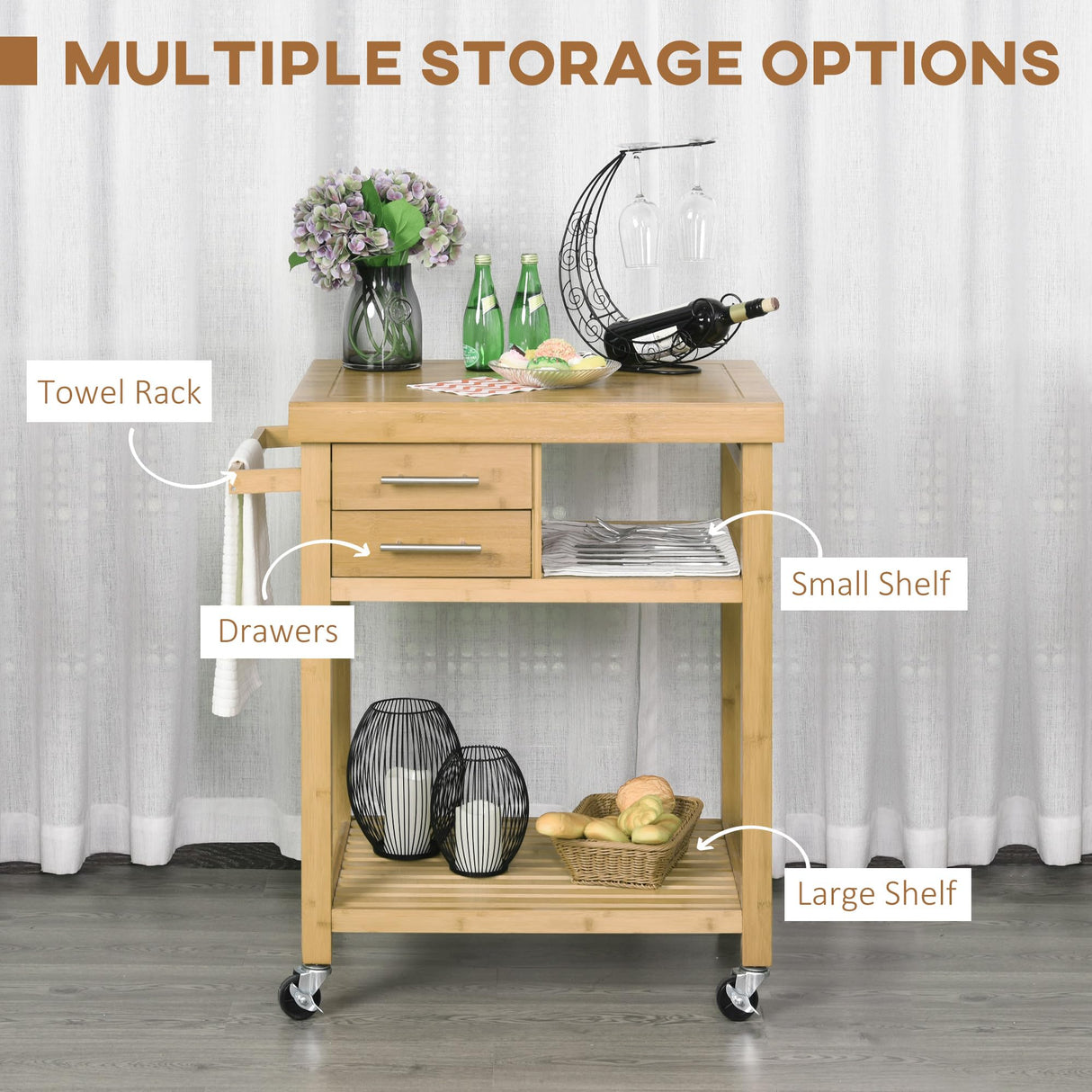 HOMCOM Bamboo Kitchen Island Cart on Wheels, Utility Trolley Cart with 2 Storage Drawers and Open Shelves, Natural HOMCOM