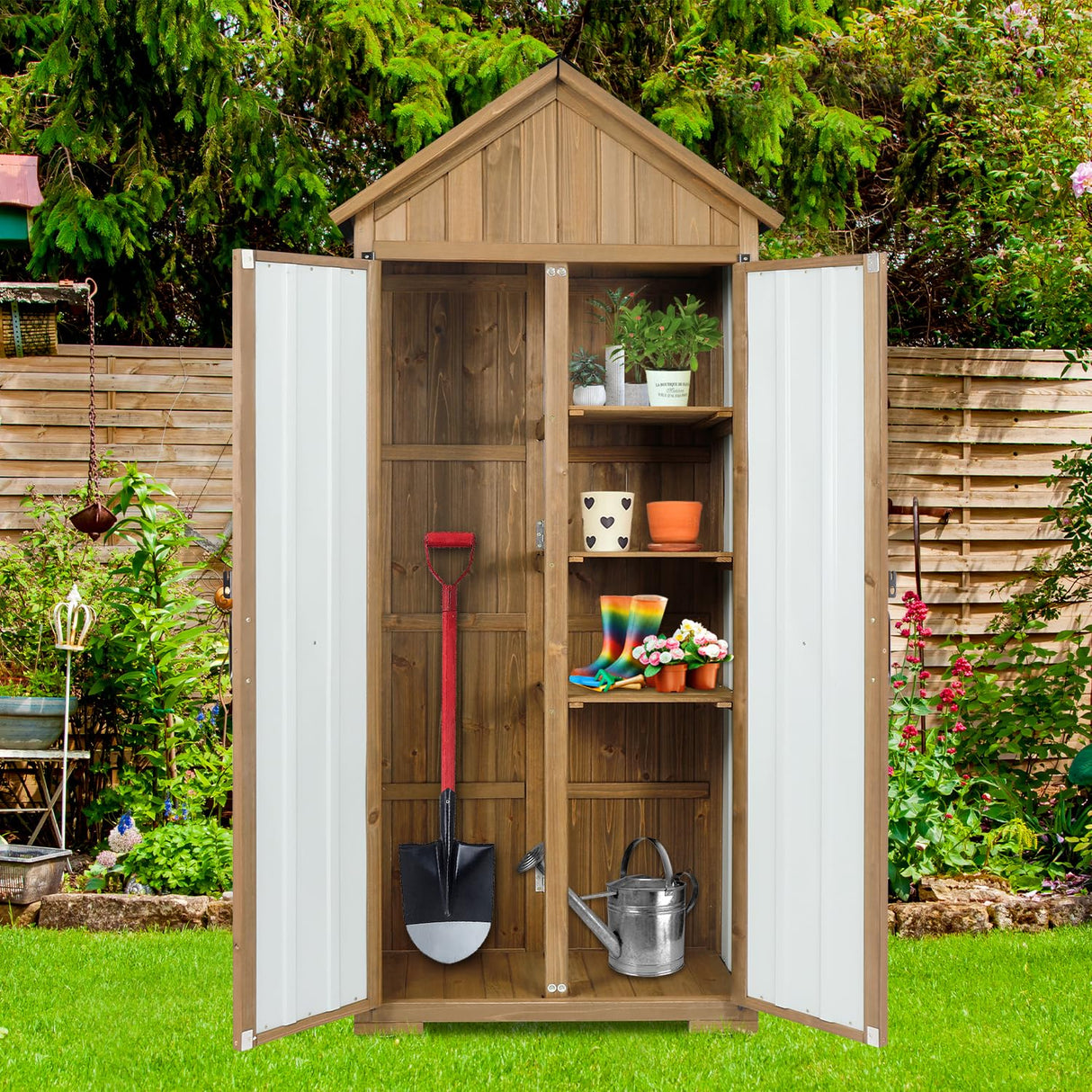 Ketive Outdoor Storage Cabinet – Weatherproof Wood & Metal Storage Shed with Adjustable Shelf, Lockable Doors, and Stability Features for Garden, Patio, and Backyard, 27 1/2”x 13”x 67” (Brown+Black) ketive