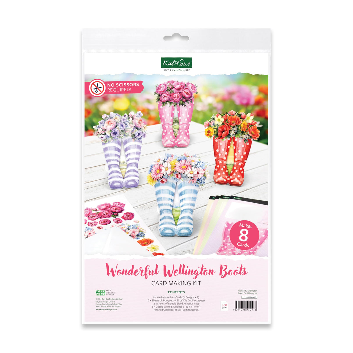 Katy Sue Wonderful Wellington Boots (Rubber Boots) Card Making Kit. 8 Shaped Cards, 2 Sheets of Die Cut Decoupage, 8 Envelopes, Adhesive Pads, & Instructions. for Card Making Supplies & Papercrafting Katy Sue