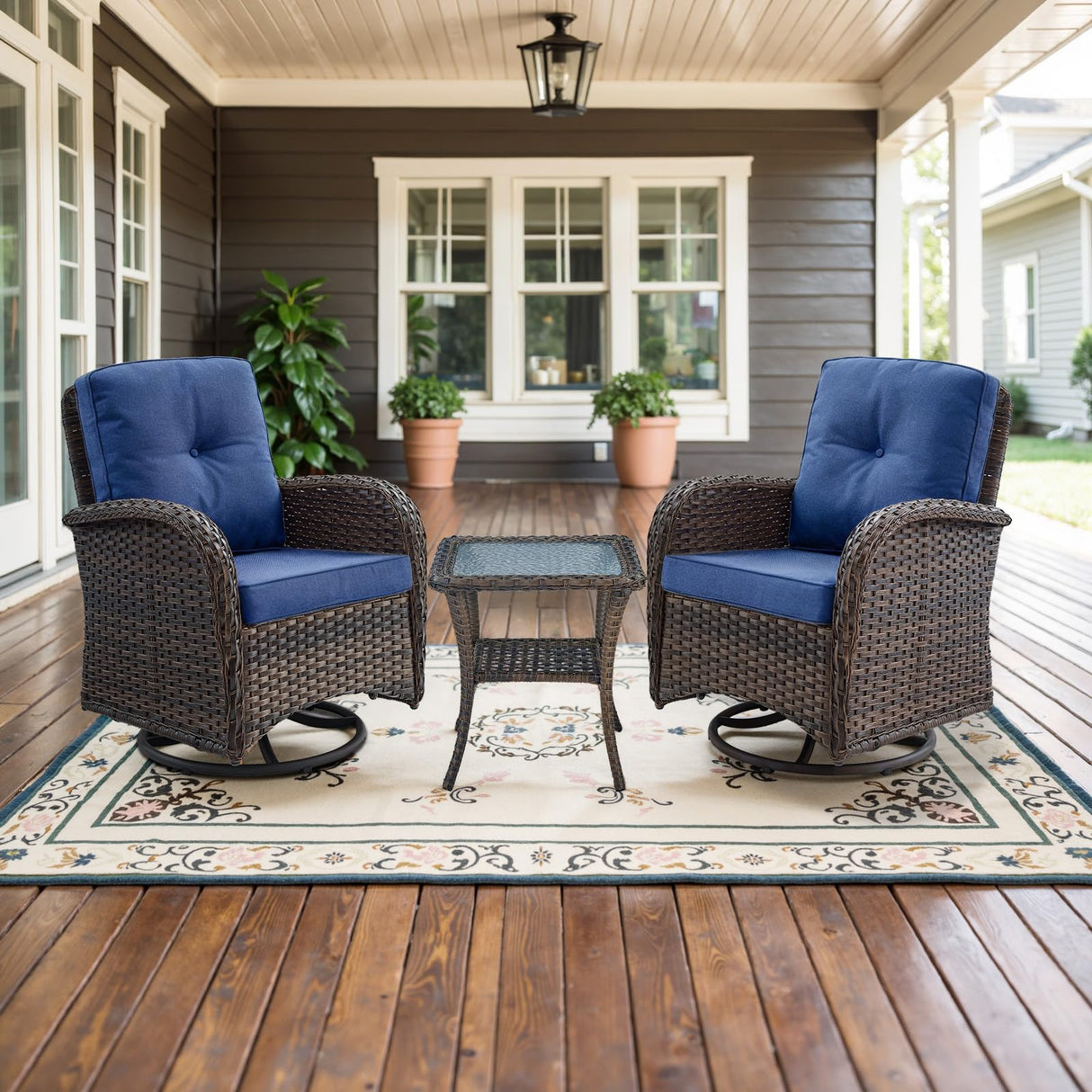 Belord Patio Wicker Chairs Swivel Rocker - Outdoor Swivel Rocking Chairs Set of 2 with Rattan Side Table, Patio Swivel Glider Chair 3 Piece Patio Furniture Sets for Patio Porch Pool Brown/Blue Belord