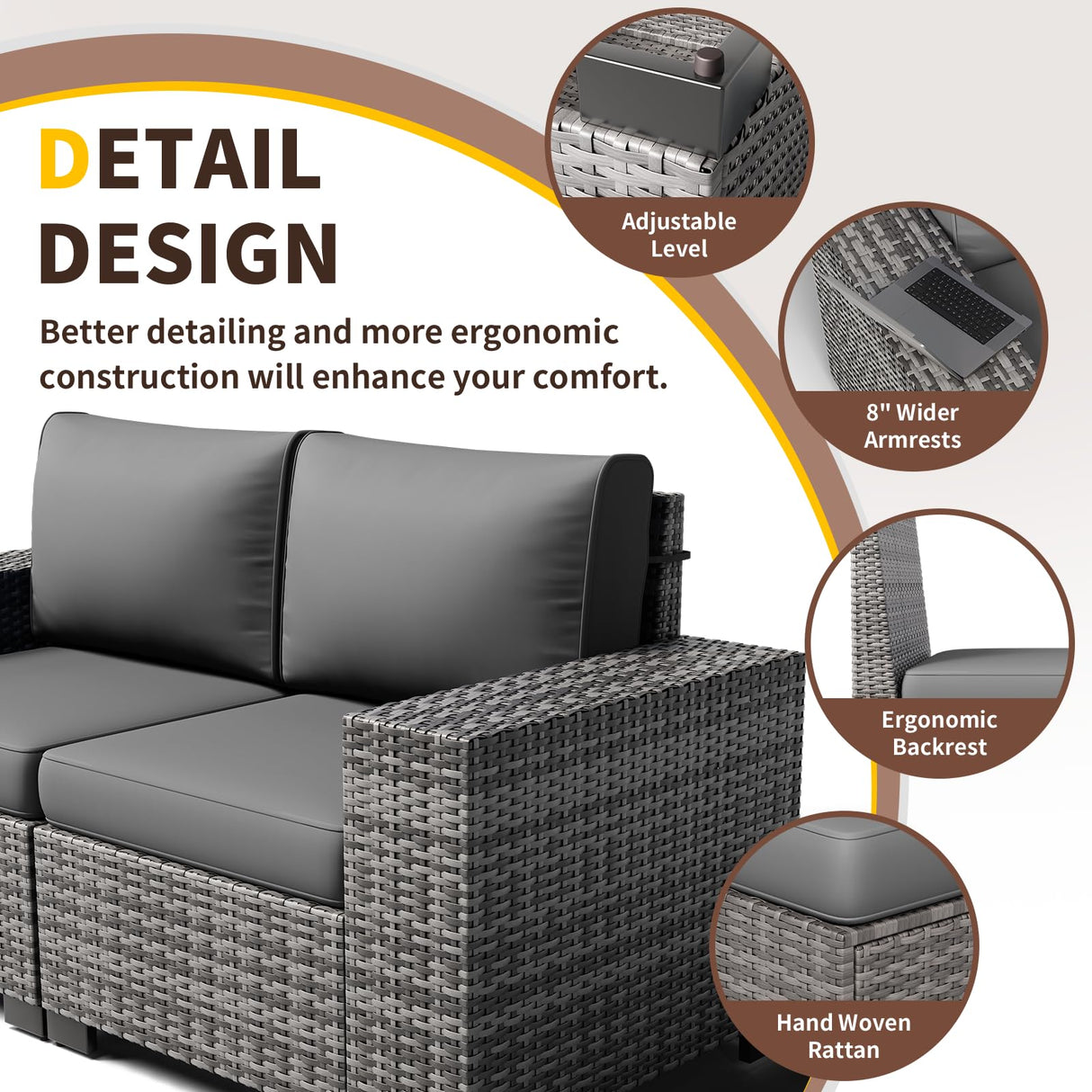 Poteban 6 Pieces Patio Furniture Set, Wide Arm Outdoor Patio Sectional Couch Set, All Weather Wicker Rattan Conversation Set w/Cushions and Glass Table and Waterproof Cover, Grey & Grey Poteban