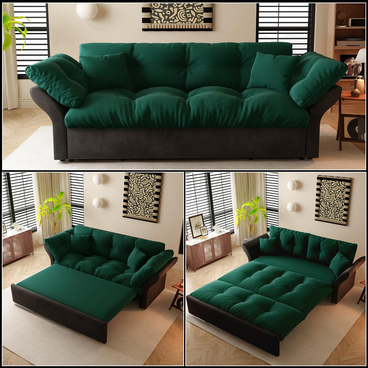 CALABASH 74.8" Futon Sofa Bed Queen Size, Pull Out Bed, 3-in-1 Convertible Sleeper Loveseat Sofa with 2 Soft Pillows, Modern Velvet Futon Couch for Living Room, Apartment, Bedroom, Small Space, Green CALABASH