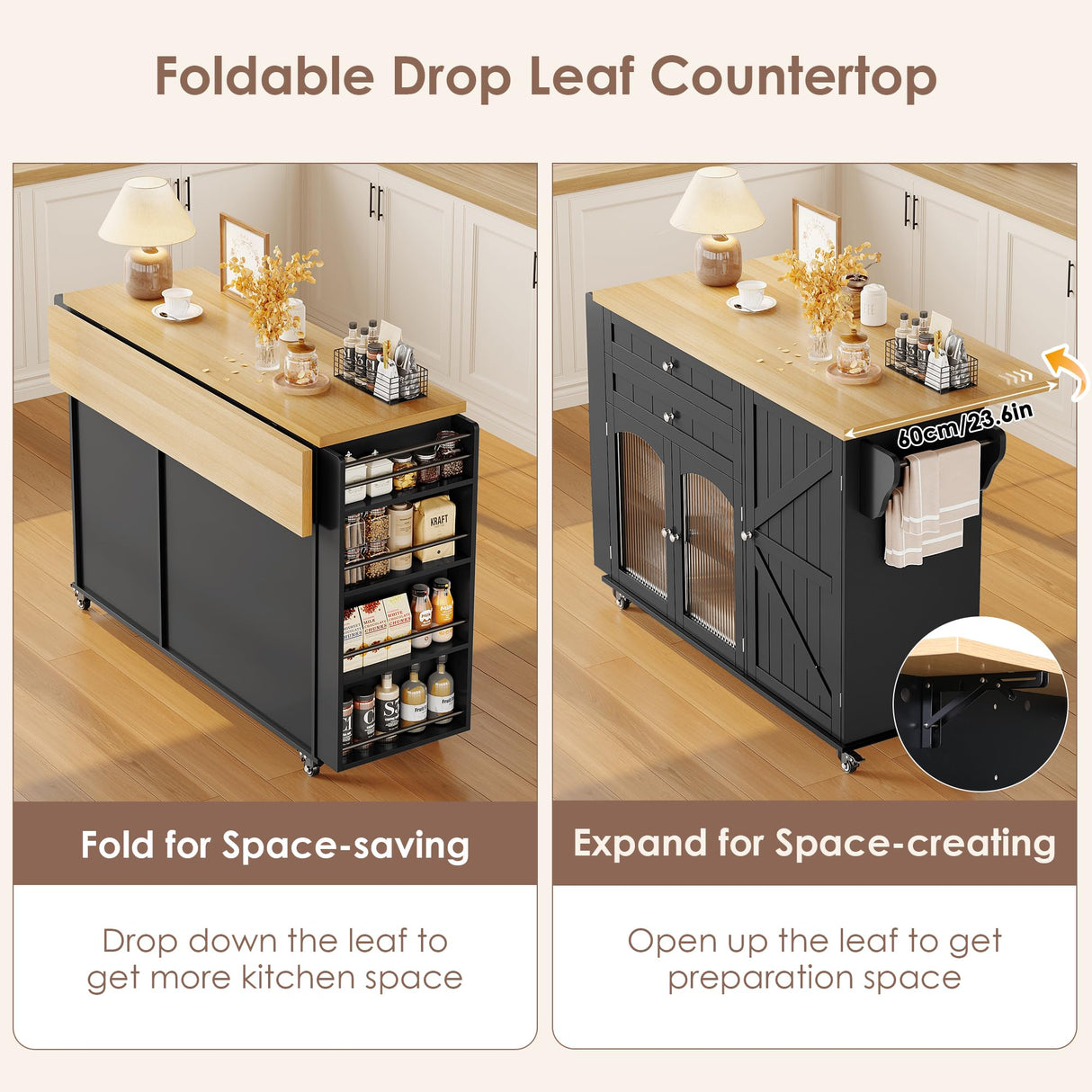 FINETONES Kitchen Island with Storage, Rolling Kitchen Island on Wheels with Wood Drop Leaf Countertop, Island Table Bar Cart with Spice Towel Rack Portable Kitchen Table Kitchen Carts on Wheels FINETONES